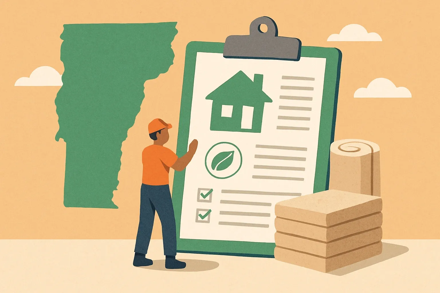 Generate an illustration for an article following this concept:

Vermont RBES 2023 Amendments: Section R408
Vermont quietly added an embodied‑carbon twist to its residential energy code. Section R408 puts insulation climate impacts on the scorecard, creating a simple path for manufacturers with product‑specific EPDs to help projects earn points. If your specs run through Vermont, this is a small rule with outsized commercial punch.

Ensure that you use no text, as this illustration will be used on international translations of the article..

Use an illustrative style (e.g. isometic) and don't generate in a photorealistic style.