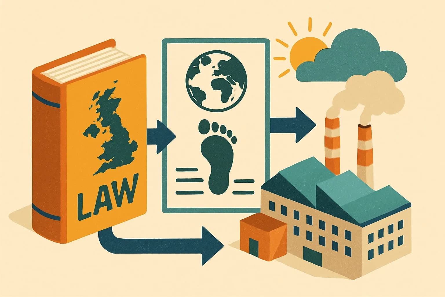 Generate an illustration for an article following this concept:

UK Climate Change Act 2008, decoded for manufacturers
The Act sets the tempo for everything carbon in the UK. It does not order you to publish EPDs, yet it quietly determines which products feel easy to specify and which look risky. If your materials feed UK projects, this law shapes your sales pipeline more than any glossy brochure ever could.

Ensure that you use no text, as this illustration will be used on international translations of the article..

Use an illustrative style (e.g. isometic) and don't generate in a photorealistic style.
