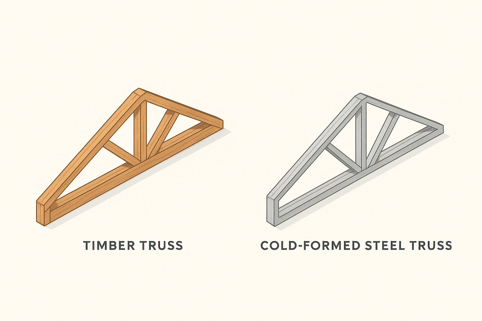 Side-by-side isometric drawings of a timber truss and a cold-formed steel truss.