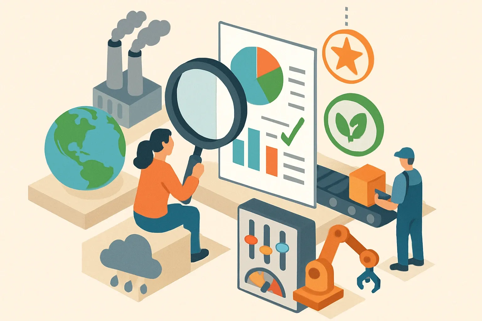 Generate an illustration for an article following this concept:

TRACI 2.1 for Manufacturers
TRACI 2.1 sounds like alphabet soup until a spec, an EPD reviewer, or a LEED submission asks for it. This is the impact method most U.S. product EPDs lean on. Know what it measures, how versions differ, and which levers on your line actually move the scores that buyers and project teams watch.

Ensure that you use no text, as this illustration will be used on international translations of the article..

Use an illustrative style (e.g. isometic) and don't generate in a photorealistic style.