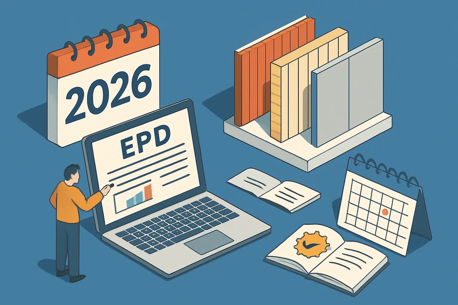 Generate an illustration for an article following this concept:

EPDs for Wall Panels in the United States
Planning wall cladding, façade panels, insulated metal panels, or metal composite material this year? Here is the definitive 2026 view of who is publishing Environmental Product Declarations, which rulebooks they use, and when renewals hit for wall panels in the United States. Use it to benchmark your roadmap and avoid renewal crunches.

Ensure that you use no text, as this illustration will be used on international translations of the article..

Use an illustrative style (e.g. isometic) and don't generate in a photorealistic style.