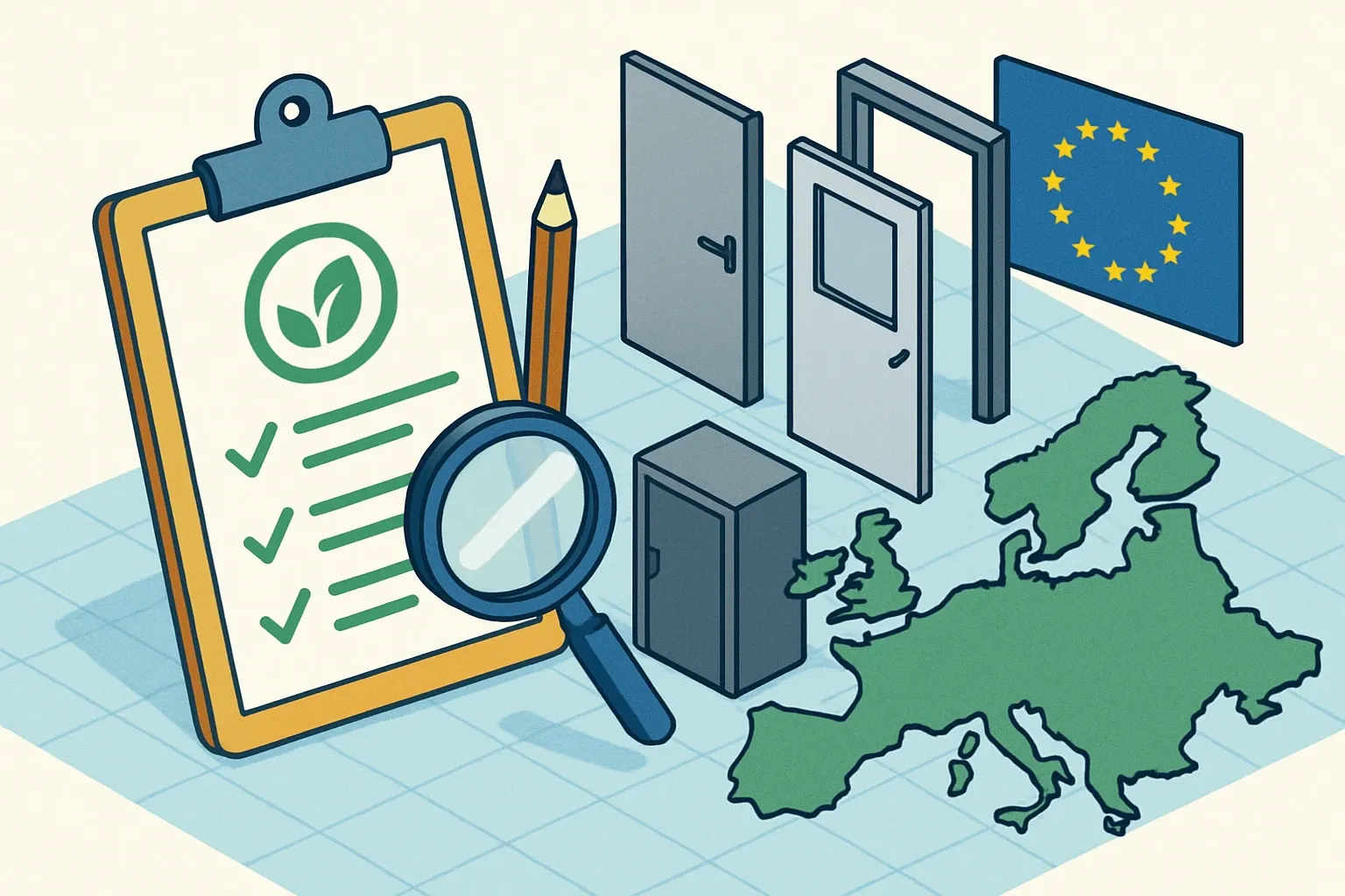 Generate an illustration for an article following this concept:

EPDs for Metal Doors and Frames in Europe
Planning an EPD for steel doors, hollow metal doors, or door frames in Europe? Here’s the complete 2026 snapshot you can use to benchmark competitors, pick the right program operator and PCR, and time renewals with no surprises.

Ensure that you use no text, as this illustration will be used on international translations of the article..

Use an illustrative style (e.g. isometic) and don't generate in a photorealistic style.