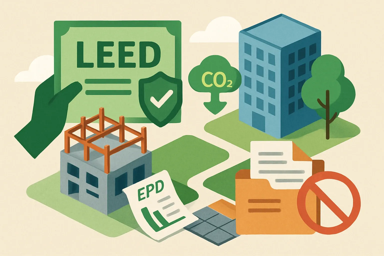 Generate an illustration for an article following this concept:

LEED v5 Makes EPDs Nonnegotiable
LEED v5 turns embodied carbon from an optional bonus into a gatekeeper. Projects now must quantify A1–A3 emissions across structure, enclosure, and hardscape, and top-tier certifications lean on product‑specific, third‑party verified EPDs. Manufacturers who pivot quickly keep access to 195,000+ LEED projects worldwide that are moving to v5, while those stuck on industry‑average paperwork risk being sidelined in specs that chase measurable carbon cuts (USGBC Impact Report, 2024).

Ensure that you use no text, as this illustration will be used on international translations of the article..

Use an illustrative style (e.g. isometic) and don't generate in a photorealistic style.