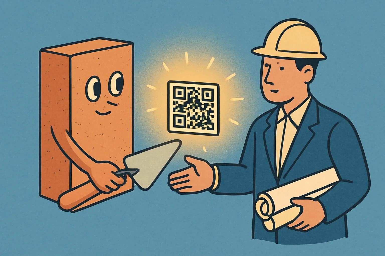 A construction product hand-passing a glowing QR tag to an architect, symbolising data flow from factory to specifier.
