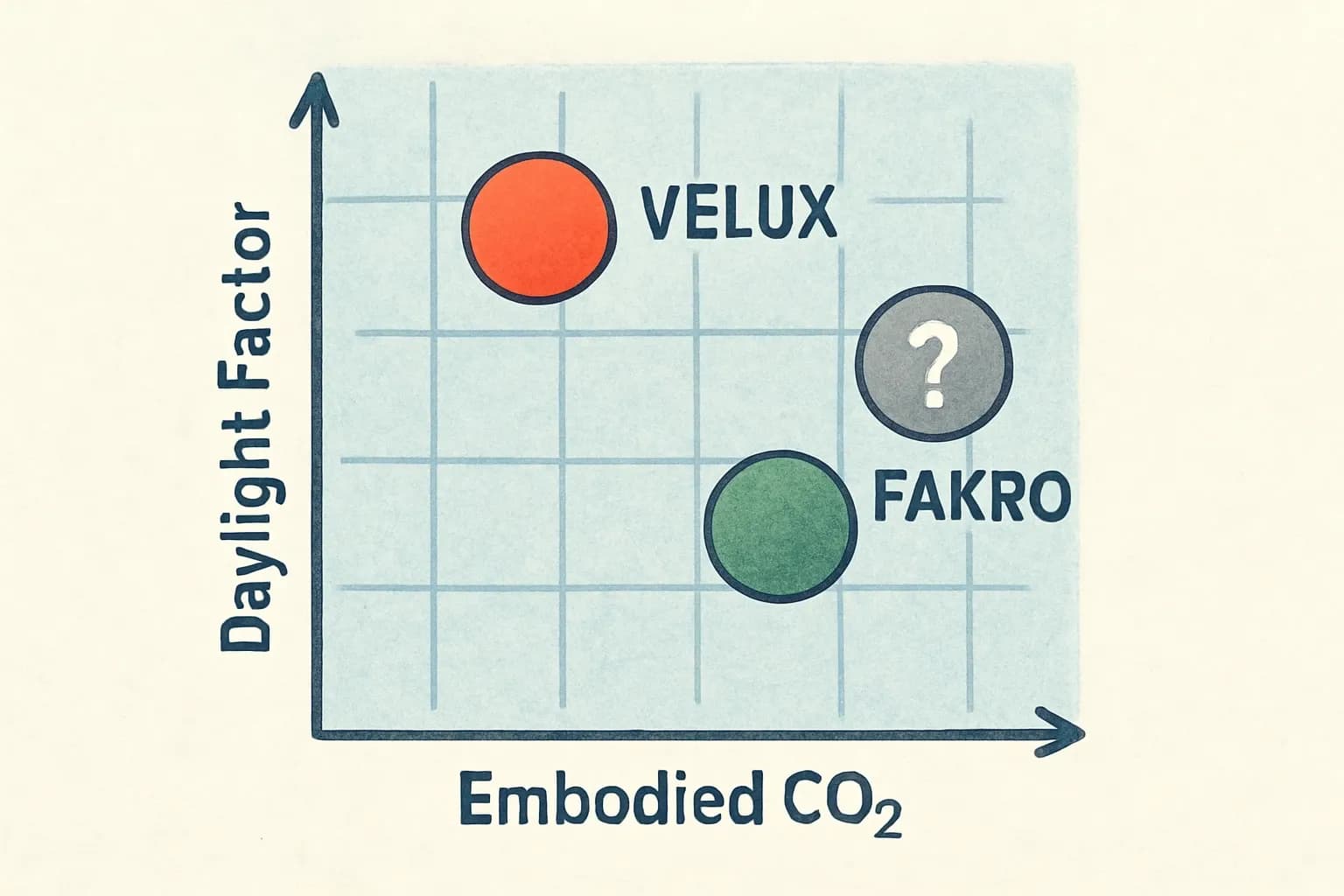 Scatter plot with embodied CO₂ on the x-axis and daylight factor on the y-axis showing VELUX, FAKRO, and a grey question-mark dot for Columbia.