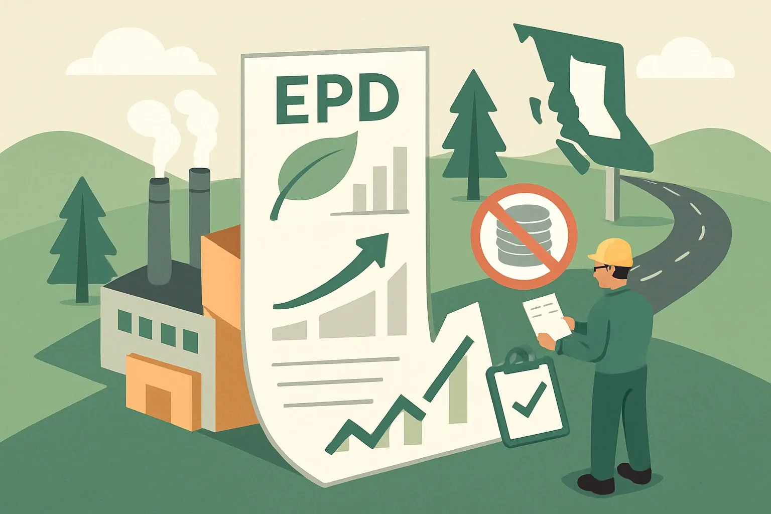 Generate an illustration for an article following this concept:

CleanBC Roadmap to 2030 for Building Product Manufacturers
Specs in British Columbia are changing fast. Bids are asking for proof, not promises, on carbon. If your materials do not come with product‑specific EPDs and clean data, you risk being priced out by penalties or simply skipped. Here is what the CleanBC Roadmap to 2030 means for manufacturers selling into B.C. and how to get ready without slowing your core business.

Ensure that you use no text, as this illustration will be used on international translations of the article..

Use an illustrative style (e.g. isometic) and don't generate in a photorealistic style.