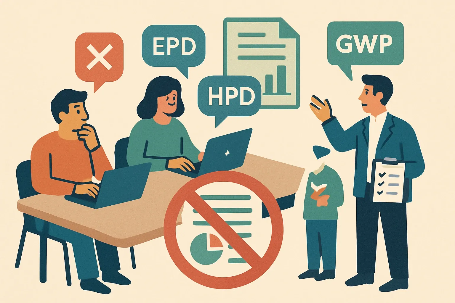 Generate an illustration for an article following this concept:

Stop the Technical Spec-Out with Instant EPD and HPD
When project teams hard‑filter for carbon and health data, a slow reply is a silent no. The result is Technical Spec‑Out, where a product is dropped not for performance or price, but because the sales team cannot surface an EPD, HPD, or GWP answer in seconds. Remove that friction and you prevent Shadow Loss. The ROI is simple. Sub‑second responses keep you in the bid, protect margin, and convert “Can you document this now?” into “You’re shortlisted.”

Ensure that you use no text, as this illustration will be used on international translations of the article..

Use an illustrative style (e.g. isometic) and don't generate in a photorealistic style.