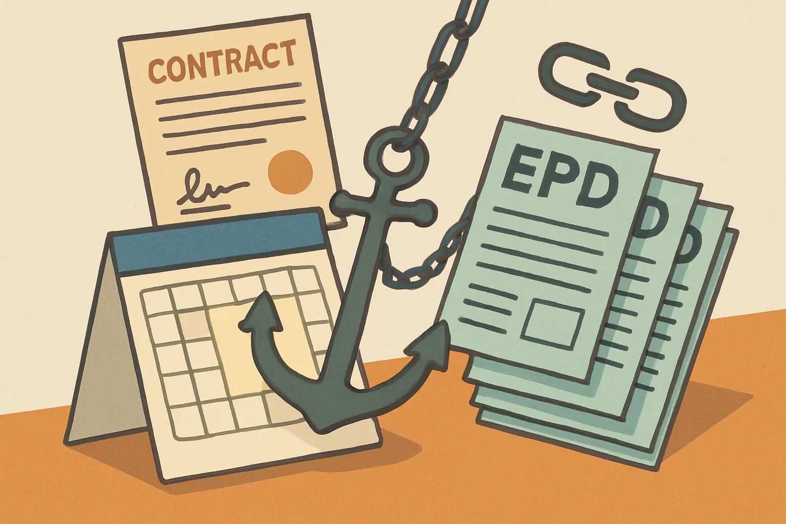 Generate an illustration for an article following this concept:

Anchor EPD maintenance to the publication date, not contract terms
Many teams discover too late that “free” tweaks or corrections only apply while a service contract is active, not while each EPD is actually alive in the market. Tie maintenance to the issue date printed on the EPD and the whole portfolio becomes predictable, fair, and easy to budget.

Ensure that you use no text, as this illustration will be used on international translations of the article..

Use an illustrative style (e.g. isometic) and don't generate in a photorealistic style.
