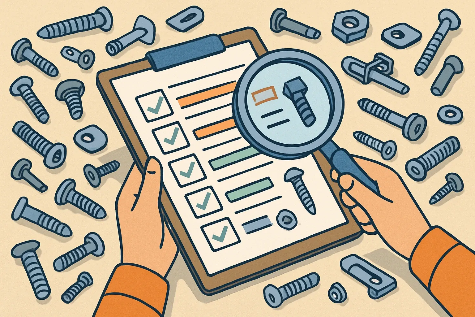 Generate an illustration for an article following this concept:

Supplier data triage for component‑heavy EPDs
Hundreds of screws, rivets, clips, and fittings can stall an LCA before it starts. The trick is not chasing every bolt, it is structuring supplier data so a verifier sees logic, coverage, and consistency without turning procuremnt into a scavenger hunt.

Ensure that you use no text, as this illustration will be used on international translations of the article..

Use an illustrative style (e.g. isometic) and don't generate in a photorealistic style.