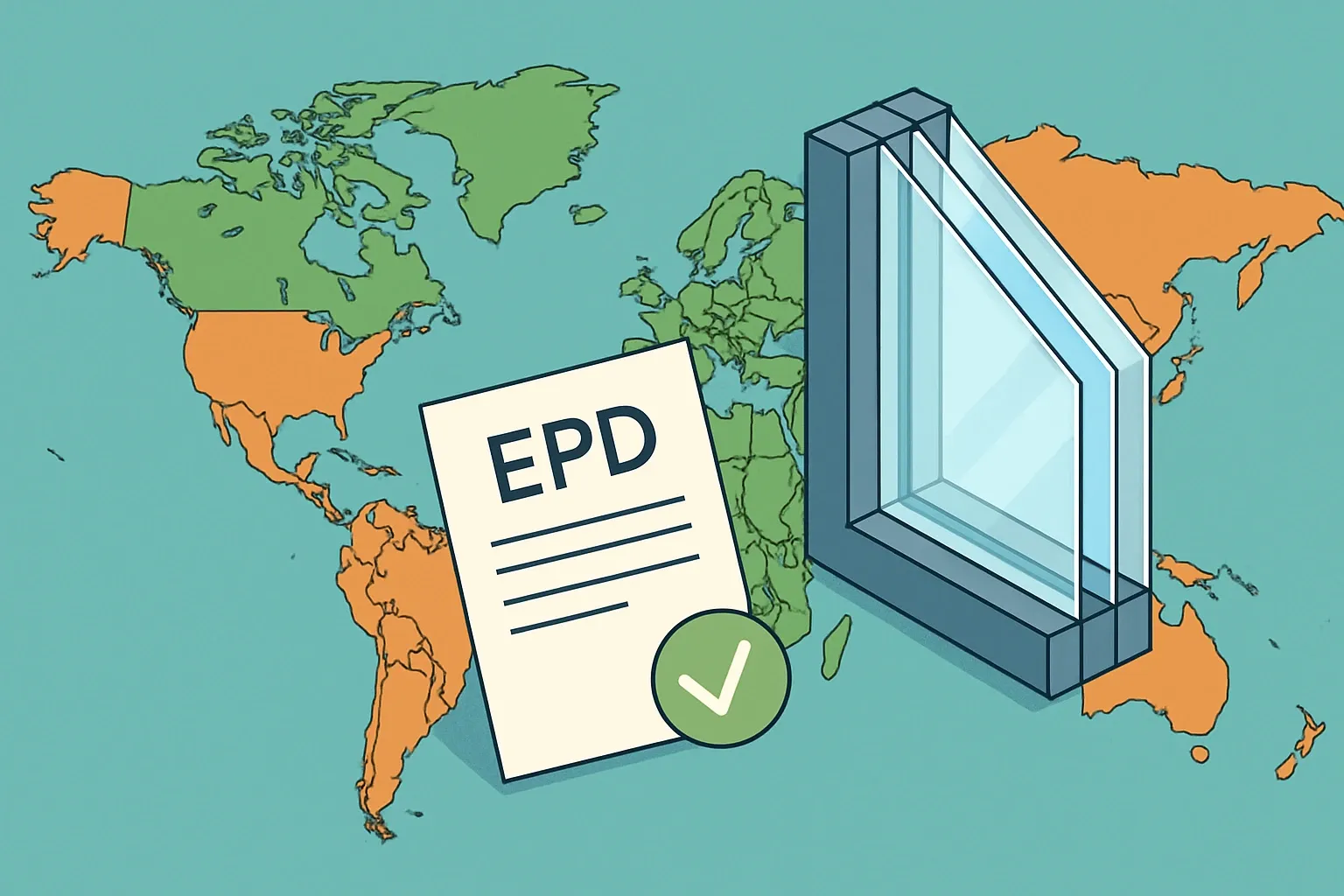 Generate an illustration for an article following this concept:

Is there an industry‑wide EPD for triple glazing?
Short answer. In Europe, yes. In North America, not yet. If you are searching for an “industry‑wide” or “sector average” EPD for triple glazing, you are really looking for an insulating glass unit, often called a triple IGU. Below we map where a sector EPD exists, where it does not, and why a product‑specific EPD is the smarter commercial play either way.

Ensure that you use no text, as this illustration will be used on international translations of the article..

Use an illustrative style (e.g. isometic) and don't generate in a photorealistic style.