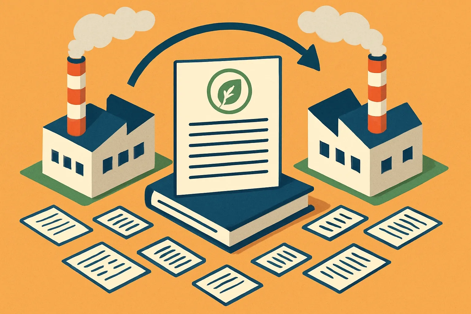 Generate an illustration for an article following this concept:

One EPD Playbook for Sister Facilities
When multiple plants make the same product, scattered data turns into scattered claims. Sales teams feel it first, then specifiers who want apples‑to‑apples proof. This guide shows operations and quality leaders how to centralize environmental data, rationalize overlapping declarations, and schedule joint renewals so both facilities speak with one credible voice.

Ensure that you use no text, as this illustration will be used on international translations of the article..

Use an illustrative style (e.g. isometic) and don't generate in a photorealistic style.