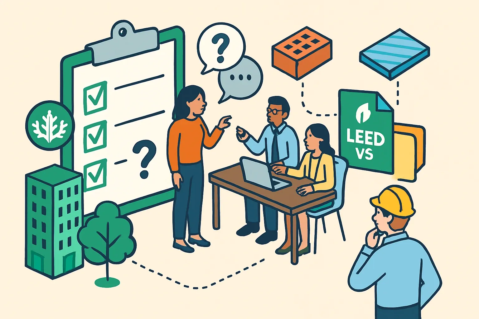 Generate an illustration for an article following this concept:

Supplier questions for a LEED v5 market
After June 30, 2026, new BD+C, ID+C and O+M projects must register under LEED v5, while projects already registered in v4/v4.1 can keep certifying through June 30, 2032 (USGBC LEED certification deadlines, 2026) ([USGBC, 2026](https://www.usgbc.org/tools/leed-certification/deadlines)). Procurement teams that update vendor prequalification now will cut bid friction, avoid late submittal drama, and surface suppliers whose documentation maps cleanly to v5’s multi‑attribute product framework. Below is a practical set of questions owners and purchasing teams can use to screen suppliers in minutes, not months.

Ensure that you use no text, as this illustration will be used on international translations of the article..

Use an illustrative style (e.g. isometic) and don't generate in a photorealistic style.