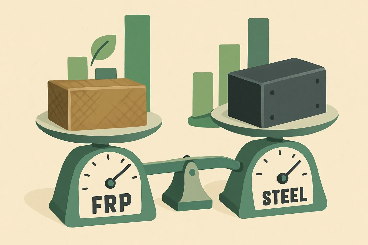 Generate an illustration for an article following this concept:

FRP vs steel EPDs, done right
A kilogram-to-kilogram comparison makes FRP look worse than it is. In real jobs, FRP often needs far less mass for the same load or corrosion performance, which flips the math. Here’s a fast, standards‑aware way to compare FRP and steel credibly and communicate “as good as or better than steel” without over‑claiming.

Ensure that you use no text, as this illustration will be used on international translations of the article..

Use an illustrative style (e.g. isometic) and don't generate in a photorealistic style.