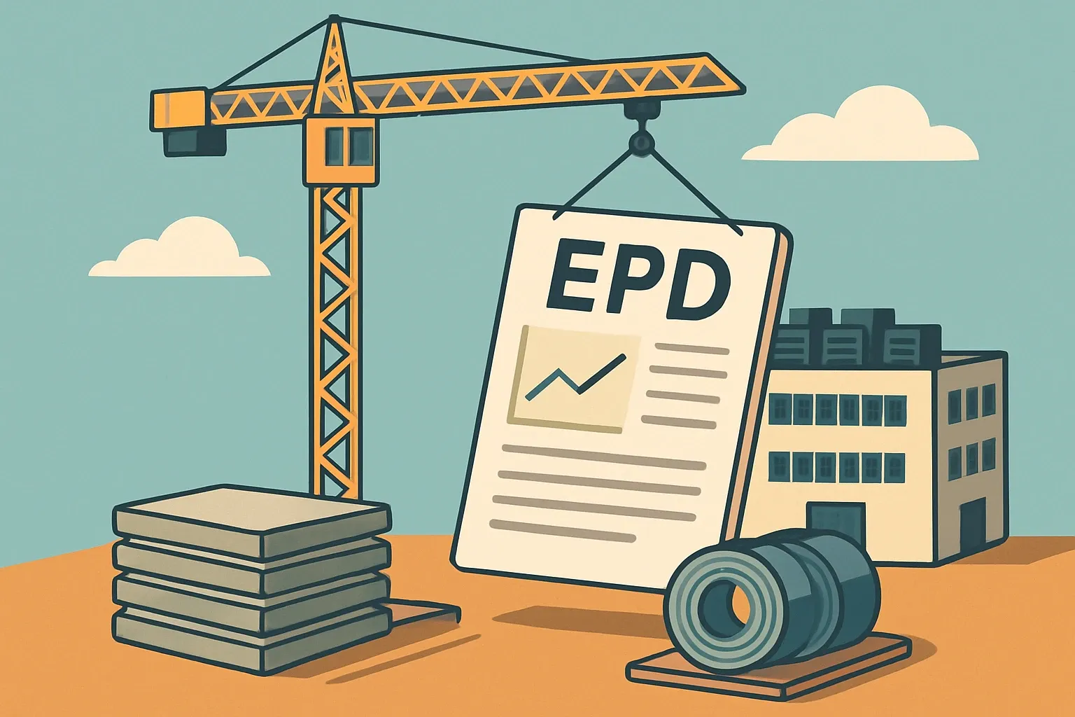 A construction crane on a data center site hoists an oversized EPD document like a prefabricated panel, with stacks of concrete and steel coils nearby to symbolize materials under scrutiny.