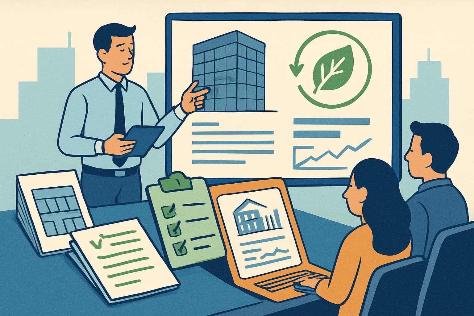 Generate an illustration for an article following this concept:

EPDs that Sell, Not Just Satisfy LEED
Most facade and envelope manufacturers still treat EPDs like paperwork that follows the spec instead of shaping it. As LEED v5 and city carbon rules tighten, declarations are crossing into the short list. The shift is simple to describe and powerful in practice: turn static PDFs into product intelligence that sales can query, compare, and package into architect‑ready proof. That is how bids move faster and margins hold when price pressure shows up.

Ensure that you use no text, as this illustration will be used on international translations of the article..

Use an illustrative style (e.g. isometic) and don't generate in a photorealistic style.
