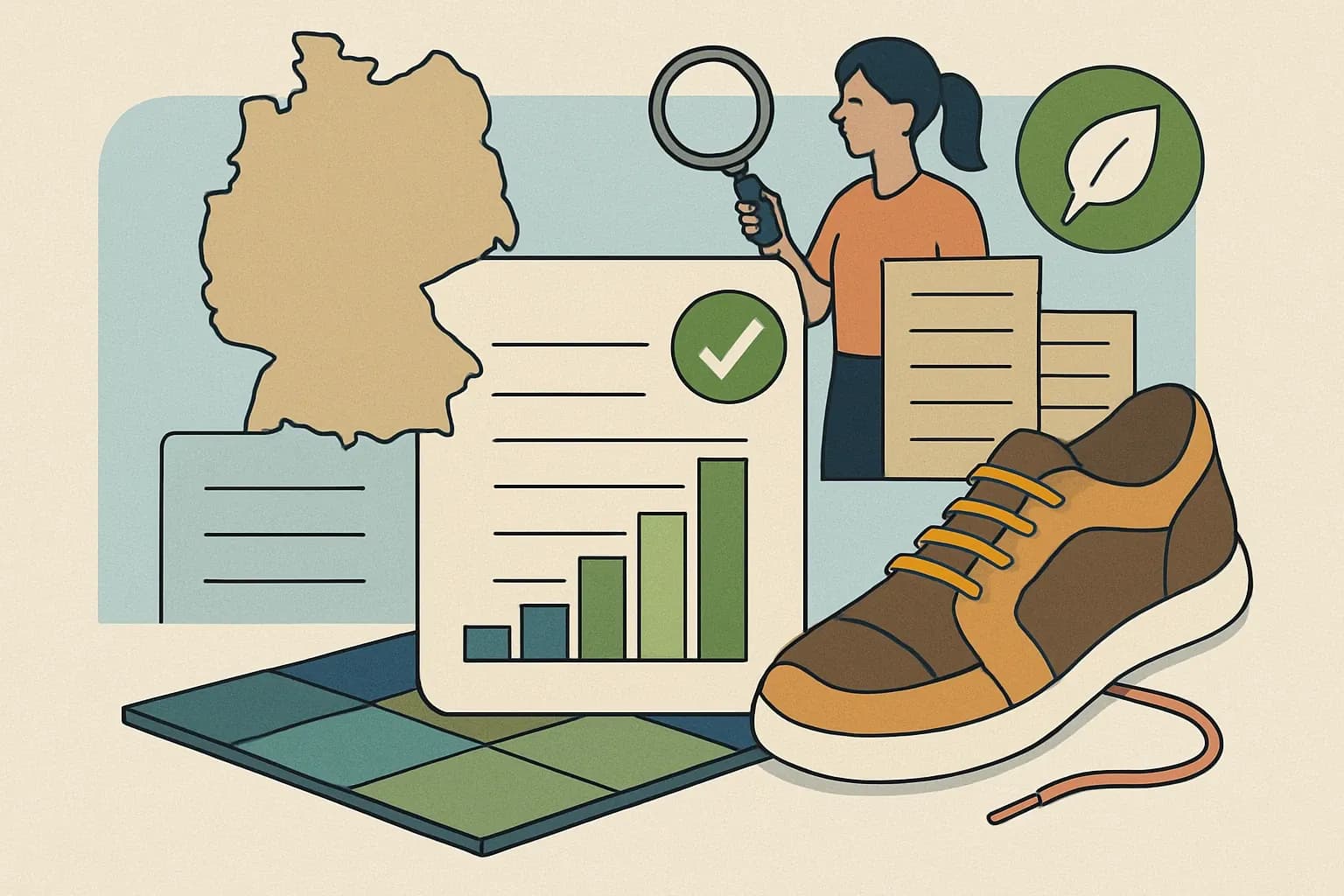 Generate an illustration for an article following this concept:

Carpet tile EPDs in DACH, at a glance
Carpet tiles sell on performance and proof. In Germany, Austria, and Switzerland, that proof is an EN 15804‑compliant, third‑party verified EPD with a clear scope and five‑year validity that won’t time out mid‑bid (IBU Program Instructions, 2024). Below is a quick, practical snapshot of who covers what today, which program operators they tend to use, and where coverage gaps still hide. If your line is missing a product‑specific EPD, you are competing with one shoe tied.

Ensure that you use no text, as this illustration will be used on international translations of the article..

Use an illustrative style (e.g. isometic) and don't generate in a photorealistic style.