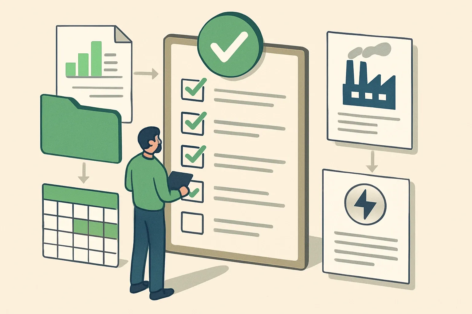 Generate an illustration for an article following this concept:

What Data You Need To Prepare For An EPD
An EPD moves as fast as your data is ready. Pull the right files early and the path from kickoff to a third‑party verified, spec‑ready declaration gets a lot smoother. Miss a few essentials and the project stalls while teams chase spreadsheets, utility bills, and supplier confirmations. Here is the practical checklist and context to make your first EPD feel like a tidy pit stop, not a teardown.

Ensure that you use no text, as this illustration will be used on international translations of the article..

Use an illustrative style (e.g. isometic) and don't generate in a photorealistic style.