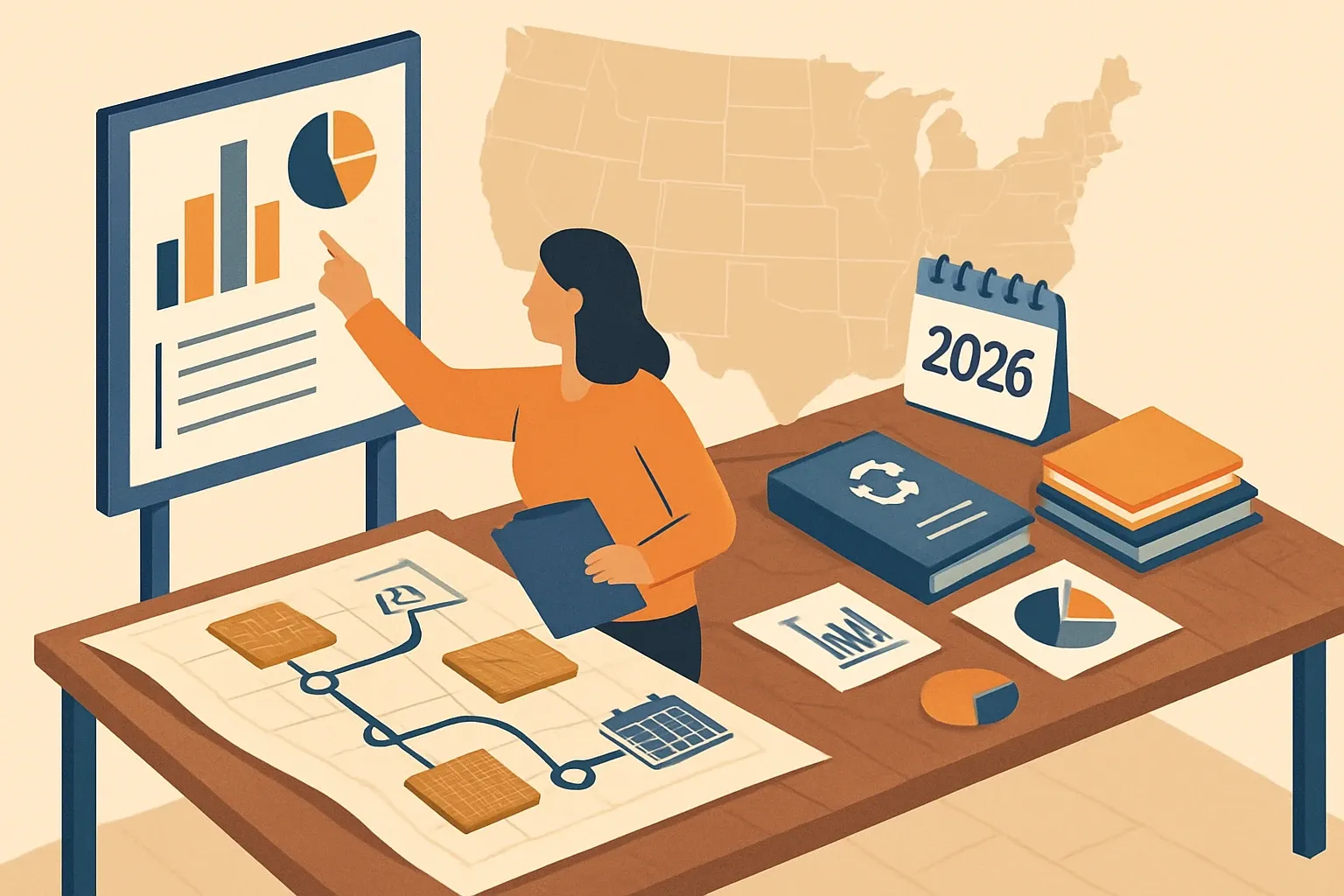 Generate an illustration for an article following this concept:

Other Flooring EPDs in the United States, data guide
Planning your flooring roadmap for 2026? Here is the full, data-backed picture for Other Flooring in the United States, including who is publishing, which program operators dominate, which PCRs are actually used, and when renewals will hit. Use this to benchmark your portfolio, choose the right rulebook, and spot gaps competitors might exploit.

Ensure that you use no text, as this illustration will be used on international translations of the article..

Use an illustrative style (e.g. isometic) and don't generate in a photorealistic style.