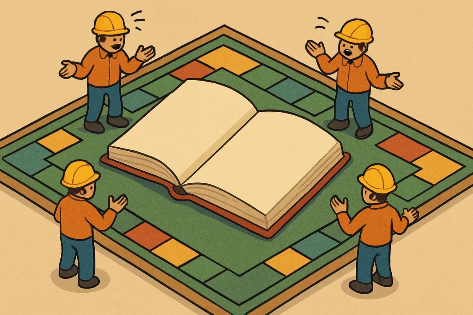 An open game board with blank pages where the rulebook should be, surrounded by confused miniature workers in hard hats.