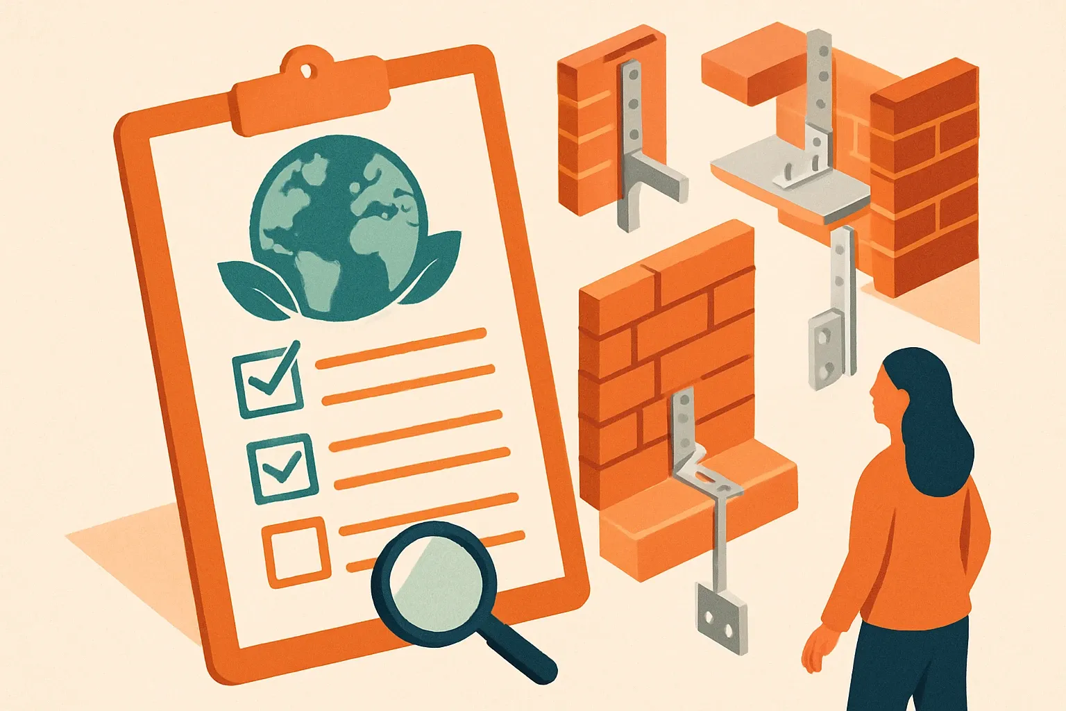 Generate an illustration for an article following this concept:

Ancon Building Products: EPD coverage at a glance
Ancon, part of Leviat, makes the stainless steel hardware that quietly holds masonry and concrete assemblies together. Think wall ties, masonry support, windposts, shear connectors and balcony connectors. If teams chase low‑carbon specs, the question is simple. Where do Environmental Product Declarations already exist, and where do they still need to land to win specs more often?

Ensure that you use no text, as this illustration will be used on international translations of the article..

Use an illustrative style (e.g. isometic) and don't generate in a photorealistic style.