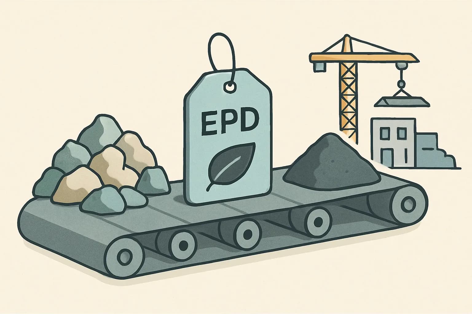 A simple conveyor belt graphic where raw materials enter, an EPD tag is attached midway, and finished asphalt or concrete exits toward a construction site.
