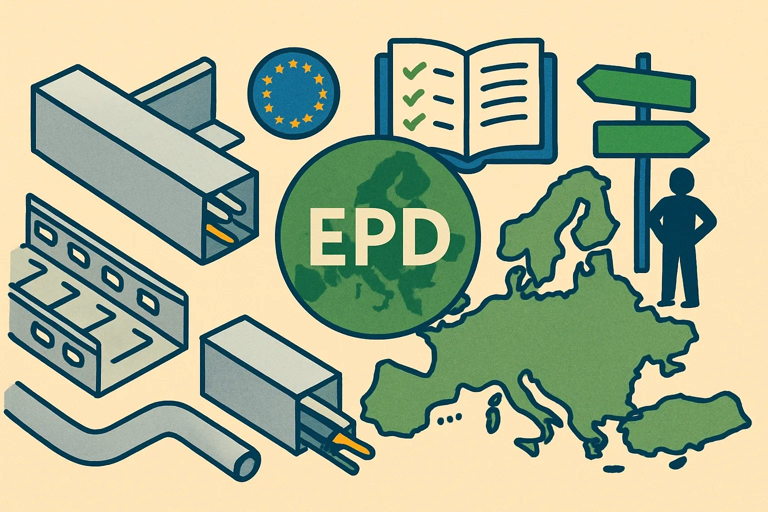Generate an illustration for an article following this concept:

EPDs for Cable Trunking and Raceways in Europe
What changed, who’s leading, and which rulebooks to follow in 2026. If you make cable trunking, conduit, wireways, or cable trays, this guide shows the real activity, not hearsay, so you can pick the right PCR and program operator with confidence.

Ensure that you use no text, as this illustration will be used on international translations of the article..

Use an illustrative style (e.g. isometic) and don't generate in a photorealistic style.