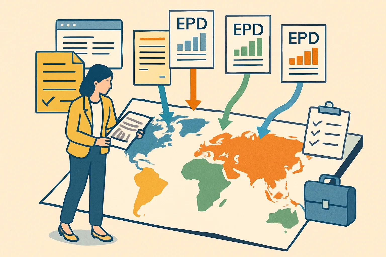 Generate an illustration for an article following this concept:

EPD World Brief: February 2026, Region by Region
Specs are moving. Databases are updating. And procurement teams rigth now want clean, comparable EPDs they can drop into bids without a chase. Here is the month’s signal, not the noise, so you can time renewals, pick the right rulebook, and keep your products in the short‑list on public and private projects.

Ensure that you use no text, as this illustration will be used on international translations of the article..

Use an illustrative style (e.g. isometic) and don't generate in a photorealistic style.