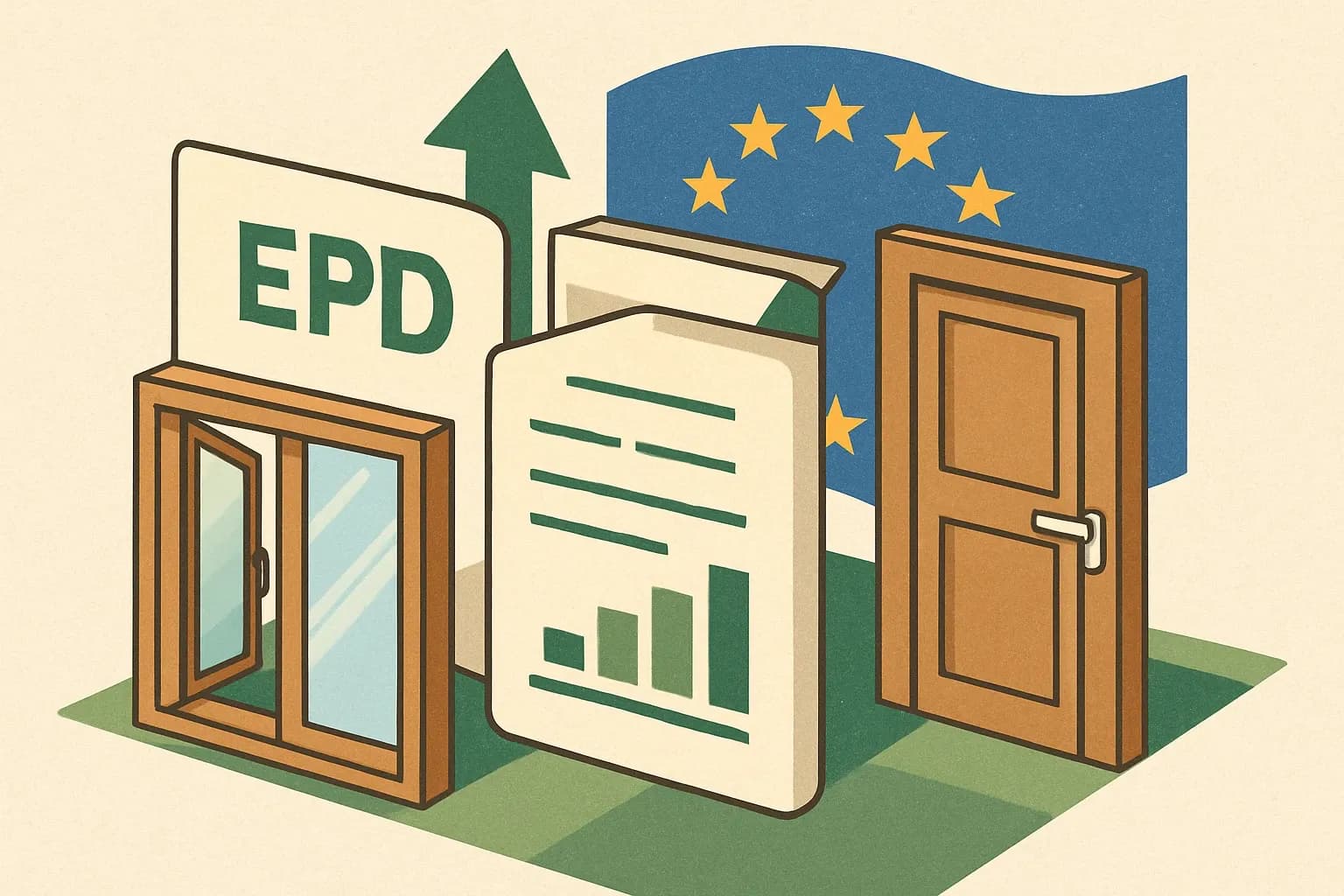 Generate an illustration for an article following this concept:

Magnorvinduet enters the EPD arena
Fresh on the boards. Magnorvinduet has published its first Environmental Product Declarations, putting verifiable carbon data behind core window and door lines. That single step opens more doors in Nordic and EU projects where product‑specific EPDs are fast becoming a sorting rule, not a nice‑to‑have. Here is what they released, how it fits typical specs, and where this debut places them against familiar names in the region.

Ensure that you use no text, as this illustration will be used on international translations of the article..

Use an illustrative style (e.g. isometic) and don't generate in a photorealistic style.