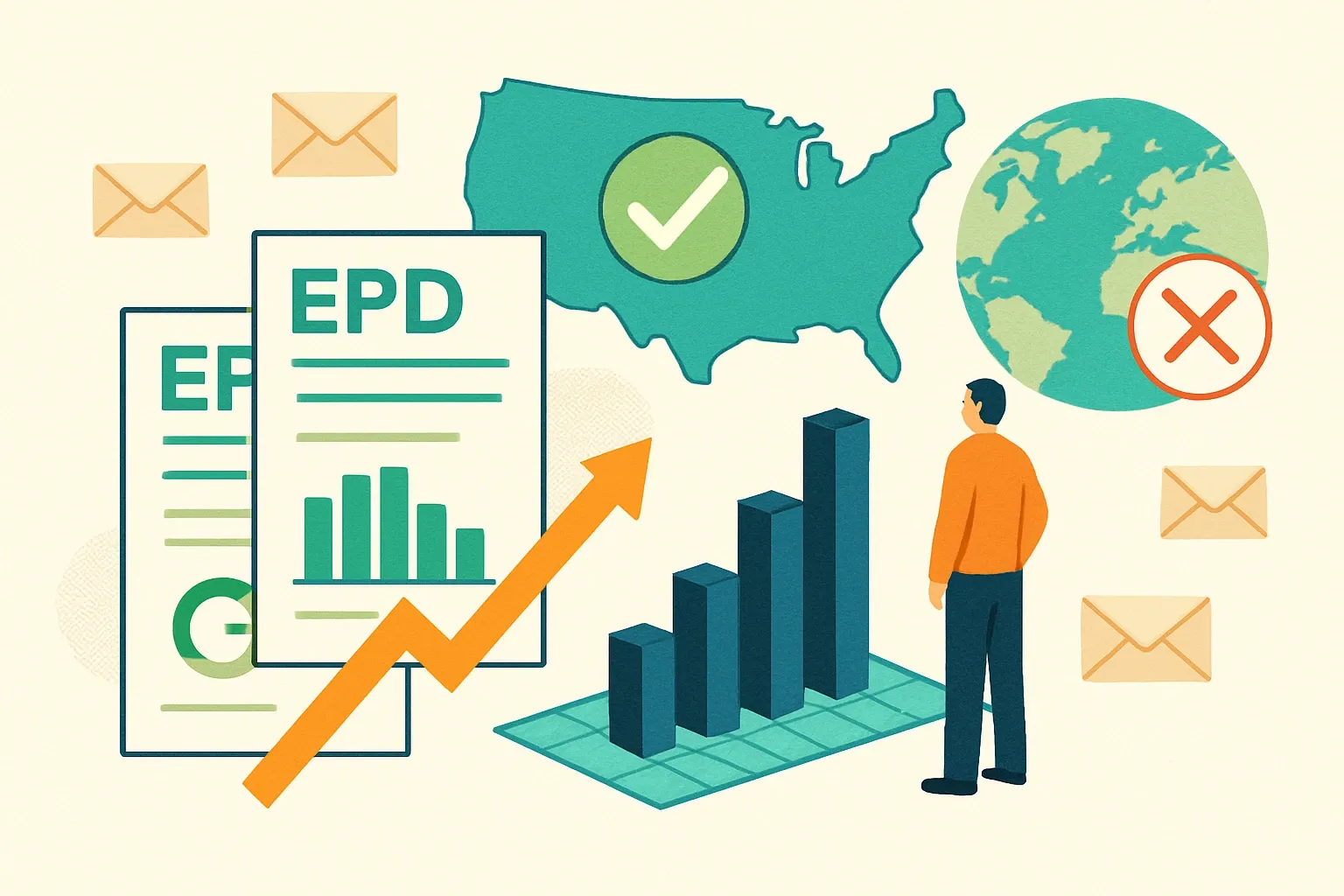 Generate an illustration for an article following this concept:

EPD market impact in 2026, US and abroad
Specifications are changing faster than inboxes. In 2026, EPDs are no longer a nice‑to‑have footnote. They are the credential that keeps products in the conversation when bids hard‑filter for carbon. The twist is that drivers differ by region, so the commercial playbook must, too.

Ensure that you use no text, as this illustration will be used on international translations of the article..

Use an illustrative style (e.g. isometic) and don't generate in a photorealistic style.