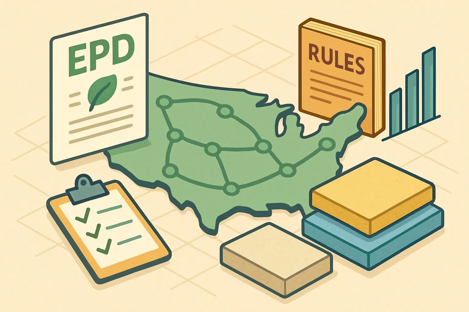 Generate an illustration for an article following this concept:

EPDs for Insulation Boards in the United States: Guide
Here is the 2026, data-first look at insulation board EPDs in the United States. Think polyiso roof board, foam board (XPS, EPS), and mineral wool board used in envelopes and roofs. We map who is publishing, which rulebooks they use, and when renewals will hit so manufacturers can plan budgets and specs with confidence.

Ensure that you use no text, as this illustration will be used on international translations of the article..

Use an illustrative style (e.g. isometic) and don't generate in a photorealistic style.