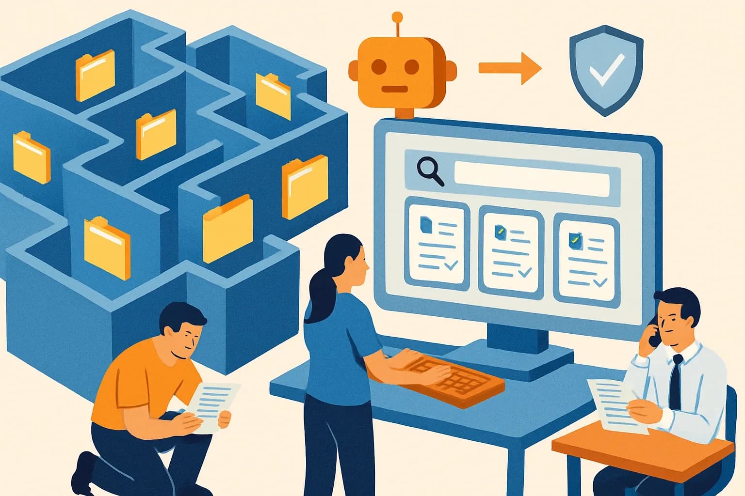 Generate an illustration for an article following this concept:

AI Sustainability Libraries vs Static Sales Hubs
If your sustainability files live in a maze of SharePoint folders, sales is probably copy‑pasting outdated claims and sustainability is stuck being the help desk. An AI‑powered sustainability library turns that dead archive into an engine for fast, consistent answers. Think Google for your EPDs, LCAs, HPDs and specs, with guardrails that Legal actually sleeps on.

Ensure that you use no text, as this illustration will be used on international translations of the article..

Use an illustrative style (e.g. isometic) and don't generate in a photorealistic style.