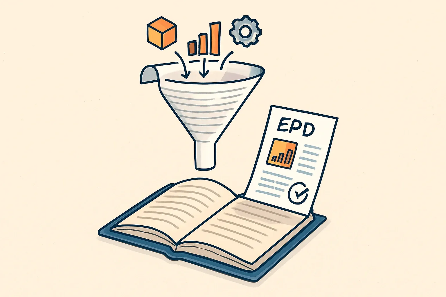 A funnel shaped like a rolled-up spec book showing raw product data entering at the top and a polished EPD sheet exiting the narrow spout, ready to slot into a project manual.