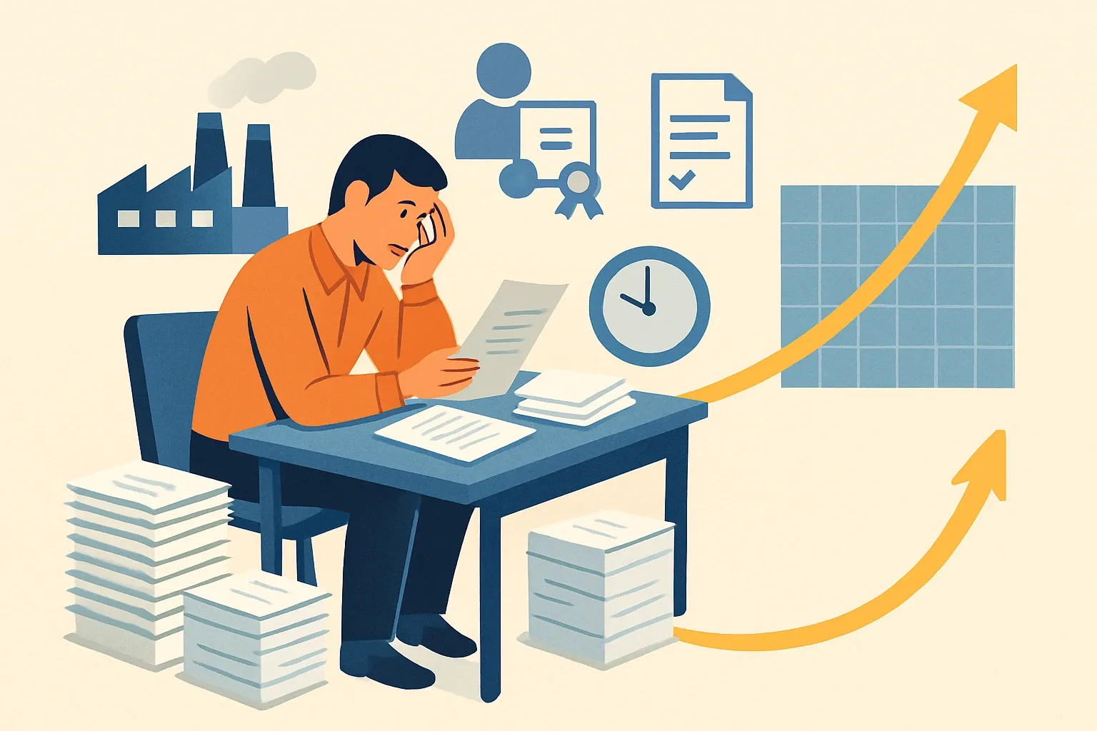 Generate an illustration for an article following this concept:

The Real Cost of Manual EPD Data Collection
Gathering plant data, supplier attestations, and audit trails before an LCA ever starts feels like busywork. It is not. Those hours fragment across operations, R&D, sustainability, and product, then vanish from budgets. Log them once and a hidden cost curve appears that can justify automation even when consulting retainers are already committed.

Ensure that you use no text, as this illustration will be used on international translations of the article..

Use an illustrative style (e.g. isometic) and don't generate in a photorealistic style.