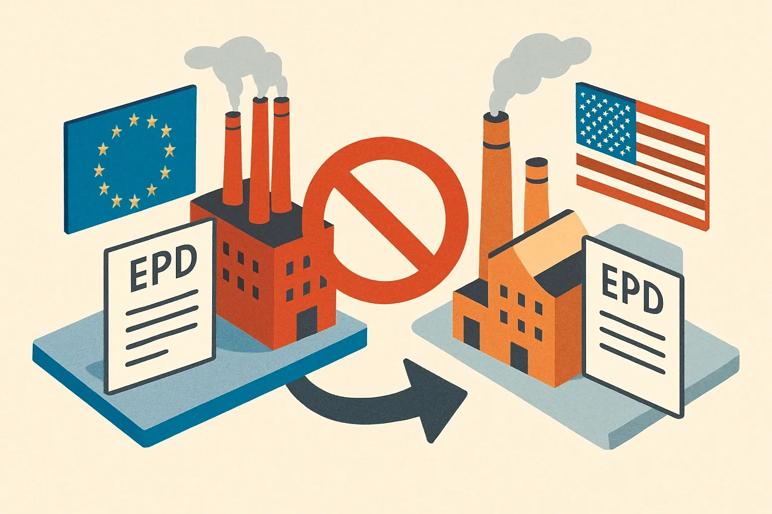 Generate an illustration for an article following this concept:

EU EPDs for U.S. plants? Read this first
Short version: no, a European EPD should not be reused for a U.S.‑made product if the plant, energy mix, transport, or key inputs change. EPDs are built on a specific LCA model that mirrors a named facility. Swap the factory and the math shifts. Reviewers are increasingly checking that the declaration on the PDF matches where the product is actually made. The risk has moved from theoretical to practical.

Ensure that you use no text, as this illustration will be used on international translations of the article..

Use an illustrative style (e.g. isometic) and don't generate in a photorealistic style.