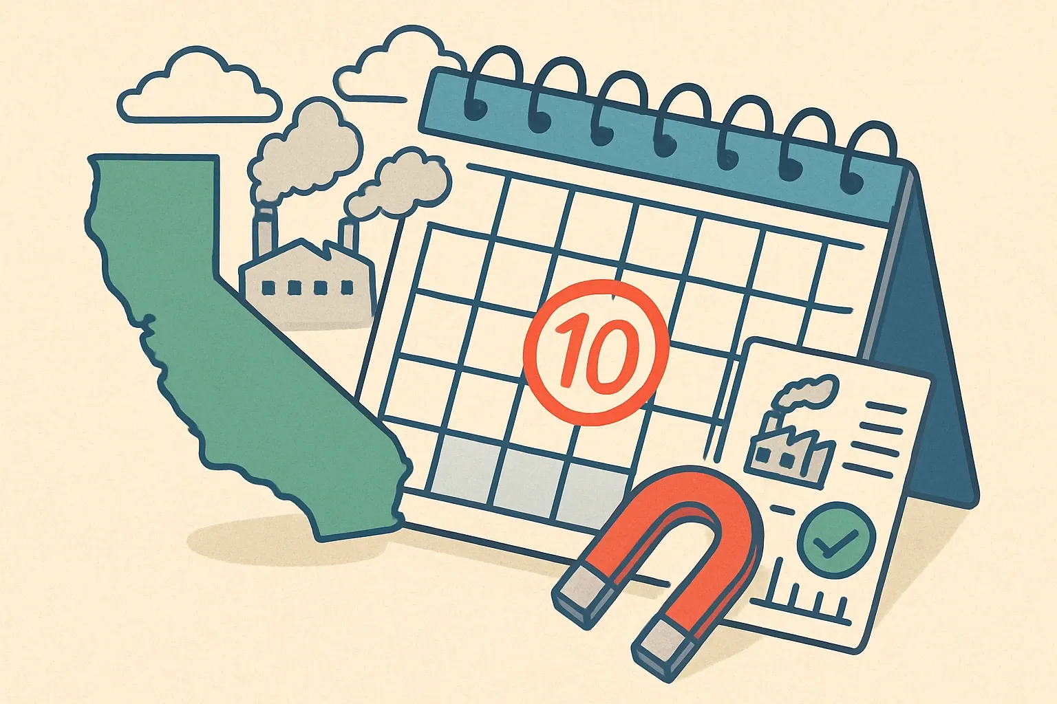 Generate an illustration for an article following this concept:

California sets SB 253 deadline: August 10, 2026
Circle the date. California has locked in August 10, 2026 for the first corporate greenhouse gas reports under SB 253. This is corporate disclosure, not a product certification, yet it flips on a big magnet for supplier Scope 3 data. Manufacturers that can hand customers verified product LCAs and EPDs will feel the pull in their favor.

Ensure that you use no text, as this illustration will be used on international translations of the article..

Use an illustrative style (e.g. isometic) and don't generate in a photorealistic style.