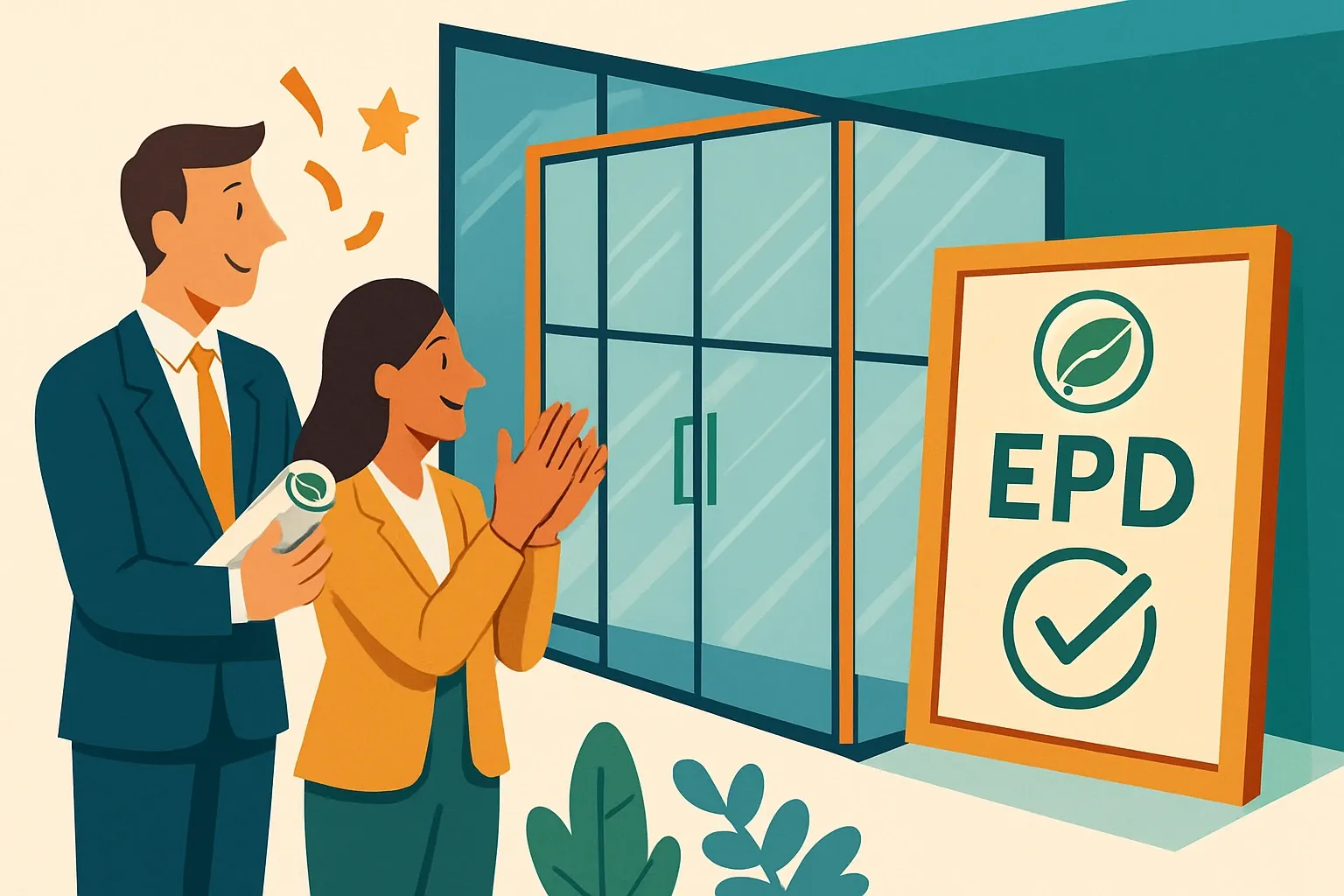 Generate an illustration for an article following this concept:

Congratulations SKANDI-BO on its first EPD
Specs teams shopping fire rated glass walls now have a new, transparent option to consider. SKANDI-BO has entered the EPD arena with a declaration for its ID85 EI30 glass wall system. That single move puts the brand on more shortlists where product‑specific Type III EPDs are the price of entry for bids and whole‑building LCA workflows.

Ensure that you use no text, as this illustration will be used on international translations of the article..

Use an illustrative style (e.g. isometic) and don't generate in a photorealistic style.