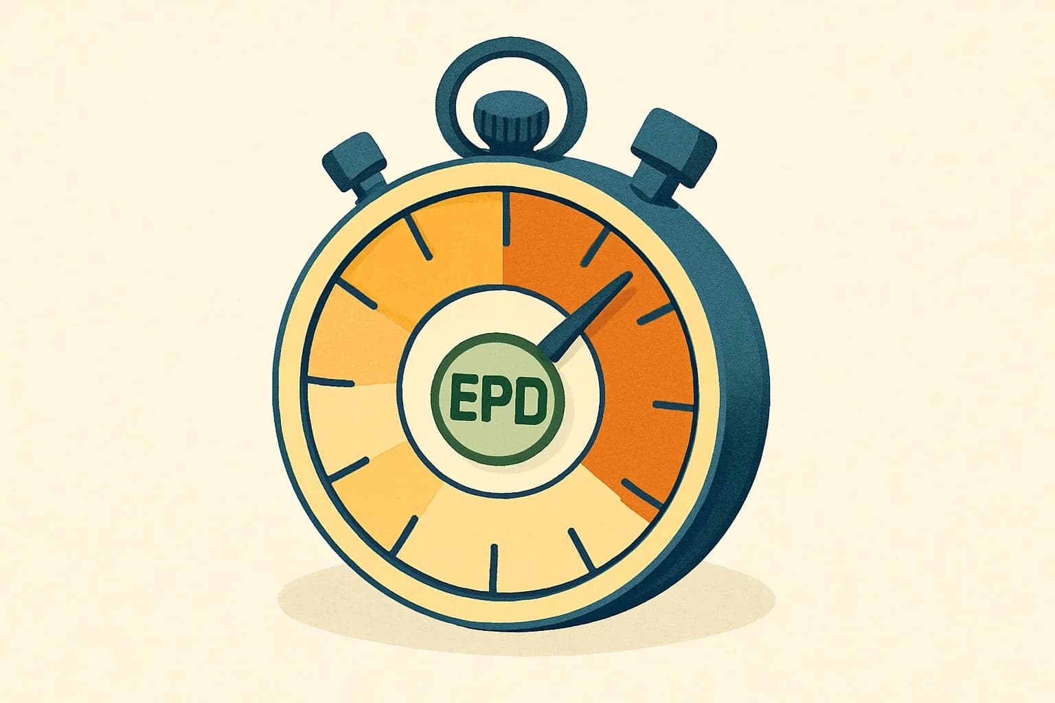 A minimalist stopwatch with segments labeled Year 1 to Year 5, showing the EPD logo at the center as an expiring "timer".