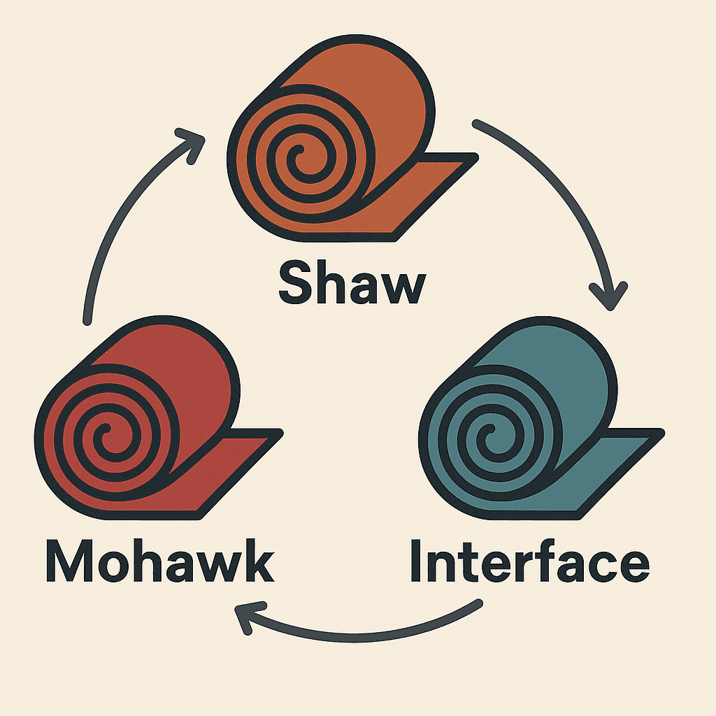 An illustration of Three stylized carpet rolls labeled Shaw, Mohawk, Interface individuallly arranged in a circle of arrows