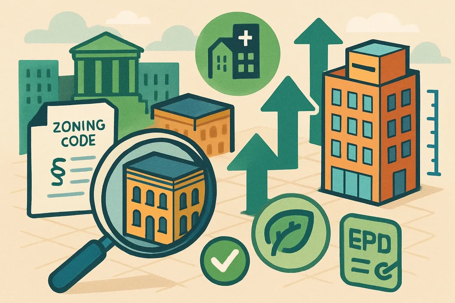 Generate an illustration for an article following this concept:

Pittsburgh Building Reuse Points, Decoded
Adaptive reuse in Pittsburgh is not just preservation. Under Section 915.07.D of the Zoning Code, it can unlock extra building height and unlock real spec wins for low‑carbon materials. Here is how the Building Reuse pathway works and how product manufacturers can ride the wave with LCAs and EPDs ready before the first RFQ lands.

Ensure that you use no text, as this illustration will be used on international translations of the article..

Use an illustrative style (e.g. isometic) and don't generate in a photorealistic style.