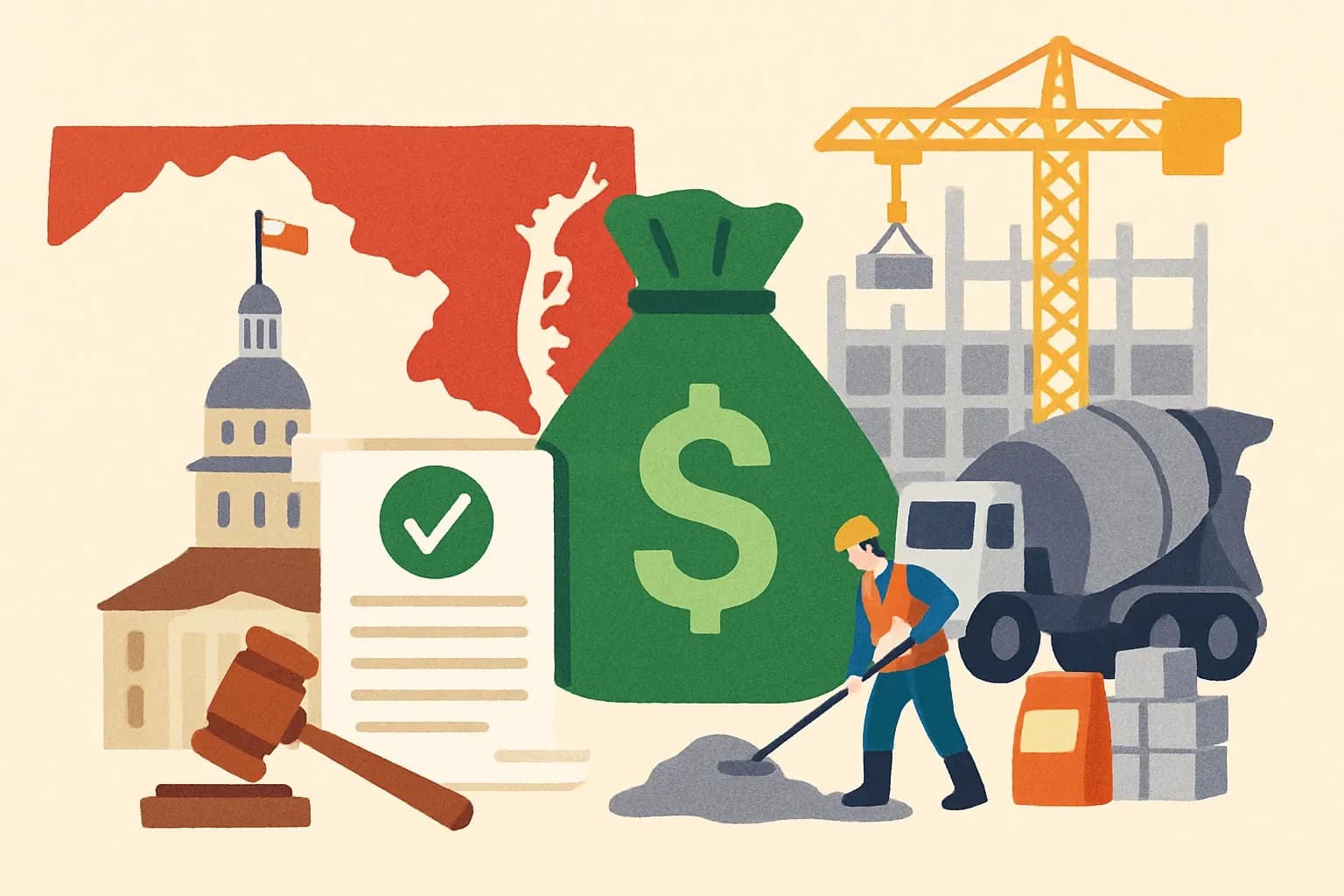 Generate an illustration for an article following this concept:

Maryland SB 0282 and the FY27 EPD Assistance Fund
Maryland’s FY27 budget is signed and live. If you make cement or concrete in the state, the Environmental Product Declaration Assistance Fund can offset part of your LCA and EPD costs this fiscal year. The grants are small compared with the revenue that compliant EPDs unlock in public bids, but they remove real friction and help you move now while competitors stall.

Ensure that you use no text, as this illustration will be used on international translations of the article..

Use an illustrative style (e.g. isometic) and don't generate in a photorealistic style.