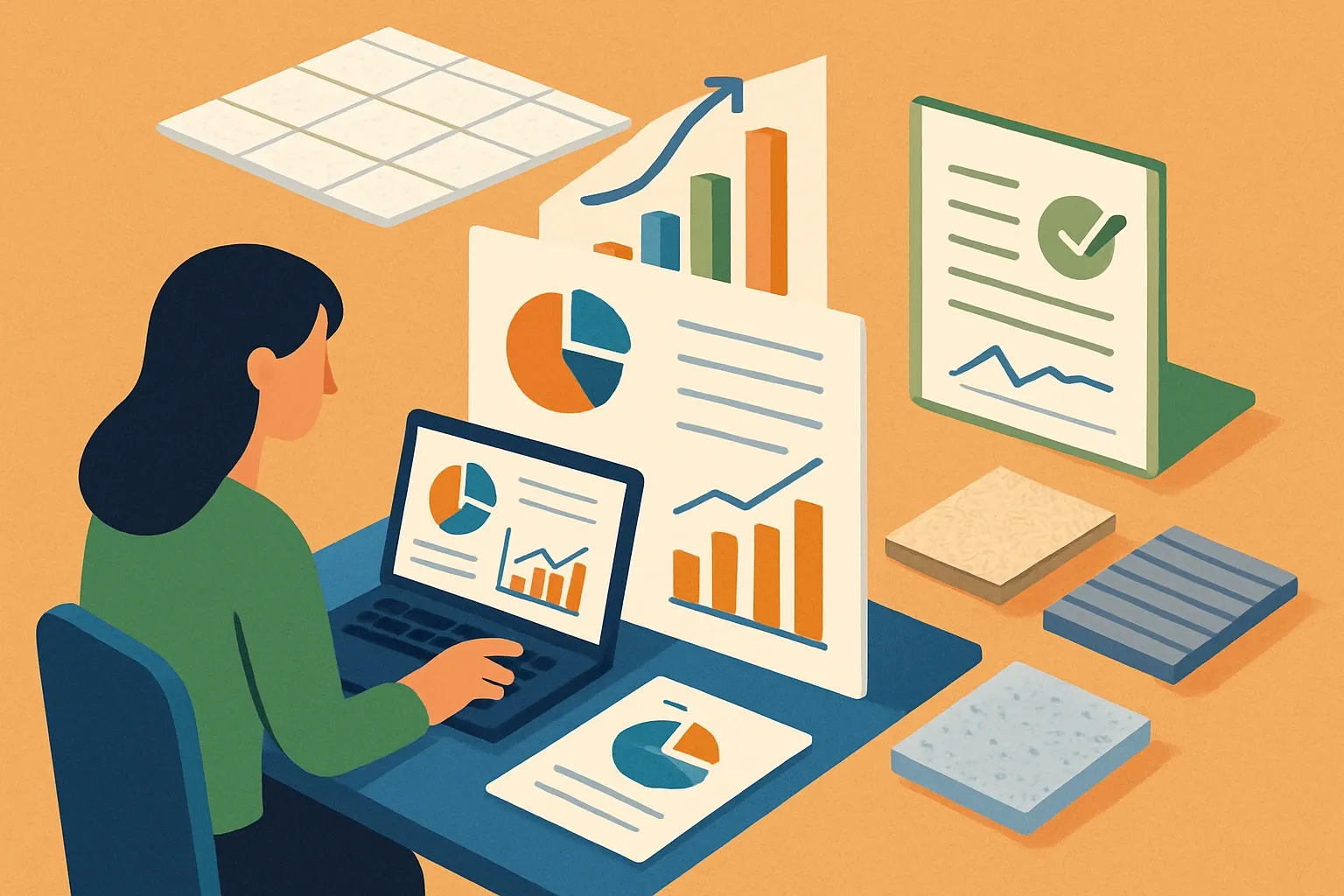 Generate an illustration for an article following this concept:

EPDs for Acoustical Ceilings in Europe: The Data Guide
Planning an acoustical ceiling EPD in 2026? Here’s the complete, data-first snapshot for Europe’s ceiling tiles and systems market, including mineral fiber, wood wool, metal panels, and stone wool solutions. Use it to choose the right program operator, pick a PCR your specifiers recognize, and time renewals so bids never pause.

Ensure that you use no text, as this illustration will be used on international translations of the article..

Use an illustrative style (e.g. isometic) and don't generate in a photorealistic style.