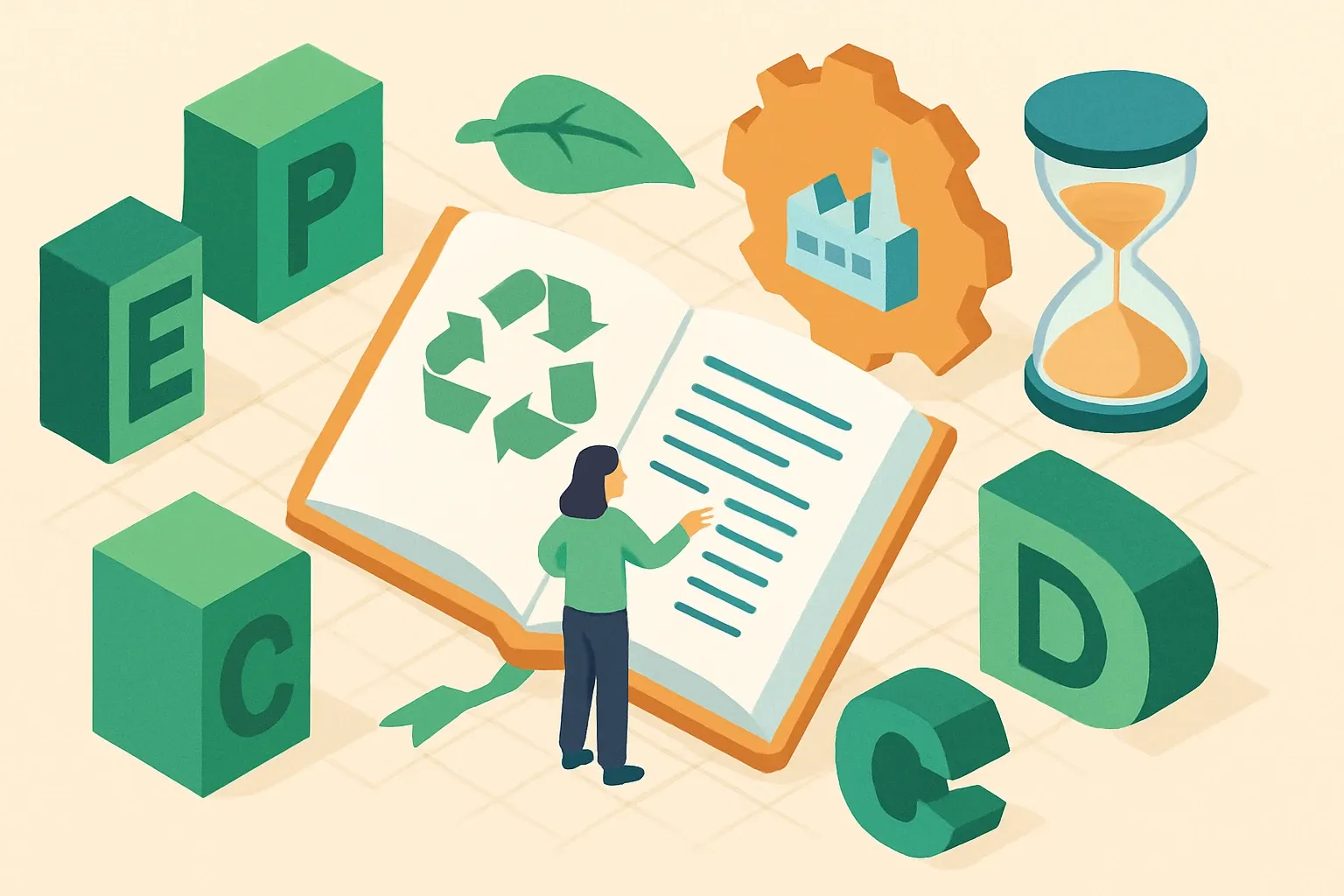 Generate an illustration for an article following this concept:

Sustainability Glossary for Manufacturers
Specs today read like alphabet soup. The acronyms are real, the stakes are commercial, and the clock is always ticking. This glossary translates the sustainability terms product teams see in bids, RFIs, and certification checklists. Keep it open while you plan an EPD, brief sales, or answer a fast‑moving customer question. One clear defintion can save a week of back‑and‑forth.

Ensure that you use no text, as this illustration will be used on international translations of the article..

Use an illustrative style (e.g. isometic) and don't generate in a photorealistic style.