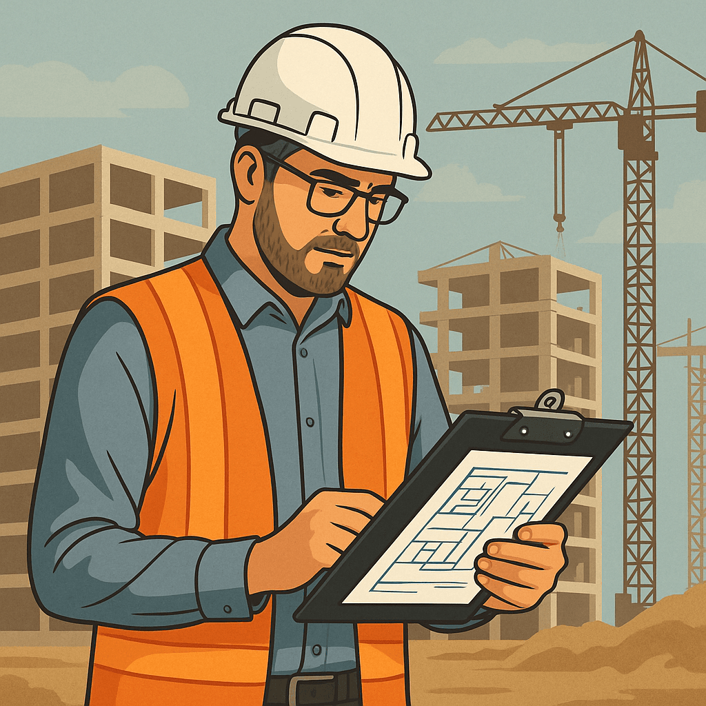 Engineer or architect reviewing documents at a construction site