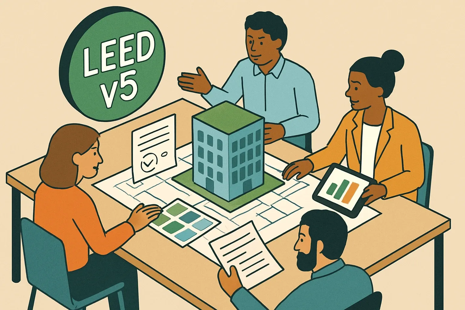 Generate an illustration for an article following this concept:

Inside the firm: who owns LEED v5 now?
LEED v5 shifts product choices from single-credit hunting to a coordinated, multi-attribute negotiation across the design team. With LEED v4 and v4.1 closing to new BD+C, ID+C, and O+M registrations on June 30, 2026, new commercial projects move to v5 on July 1, 2026 (USGBC LEED certification deadlines, 2026). For manufacturers, this changes who to brief first, what to send, and when to follow up so products land in specs without late-stage scramble.

Ensure that you use no text, as this illustration will be used on international translations of the article..

Use an illustrative style (e.g. isometic) and don't generate in a photorealistic style.