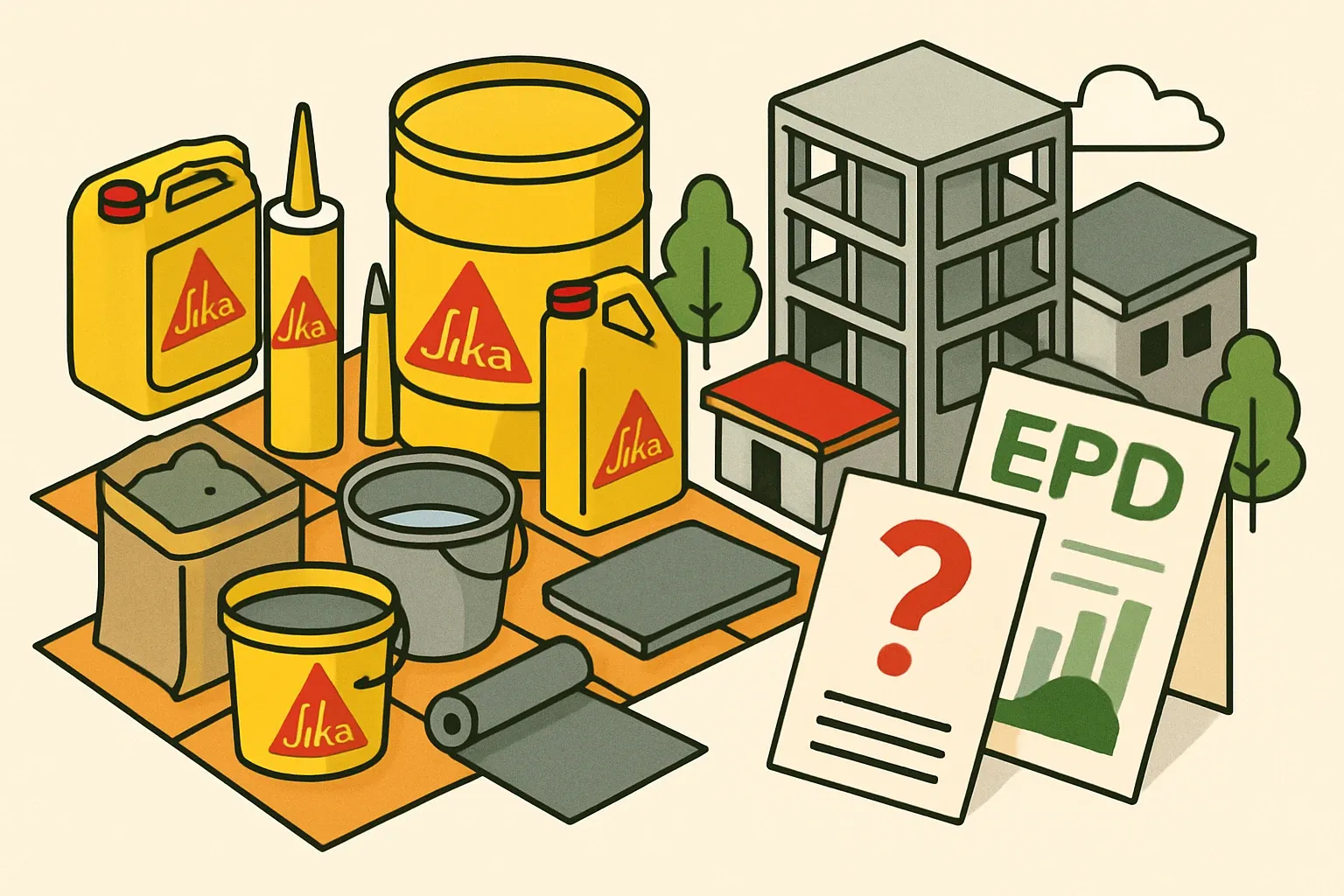 Generate an illustration for an article following this concept:

Sika Sverige AB: products and their EPD coverage
Sika’s Swedish arm is a powerhouse across adhesives, sealants, concrete admixtures, flooring systems, waterproofing, and roofing. The catalog spans many product families and, by any reasonable count, hundreds of SKUs. Yet local EPD coverage lags the breadth of what they sell, which matters in Sweden where climate declarations for new buildings can punish missing product data with conservative defaults.

Ensure that you use no text, as this illustration will be used on international translations of the article..

Use an illustrative style (e.g. isometic) and don't generate in a photorealistic style.