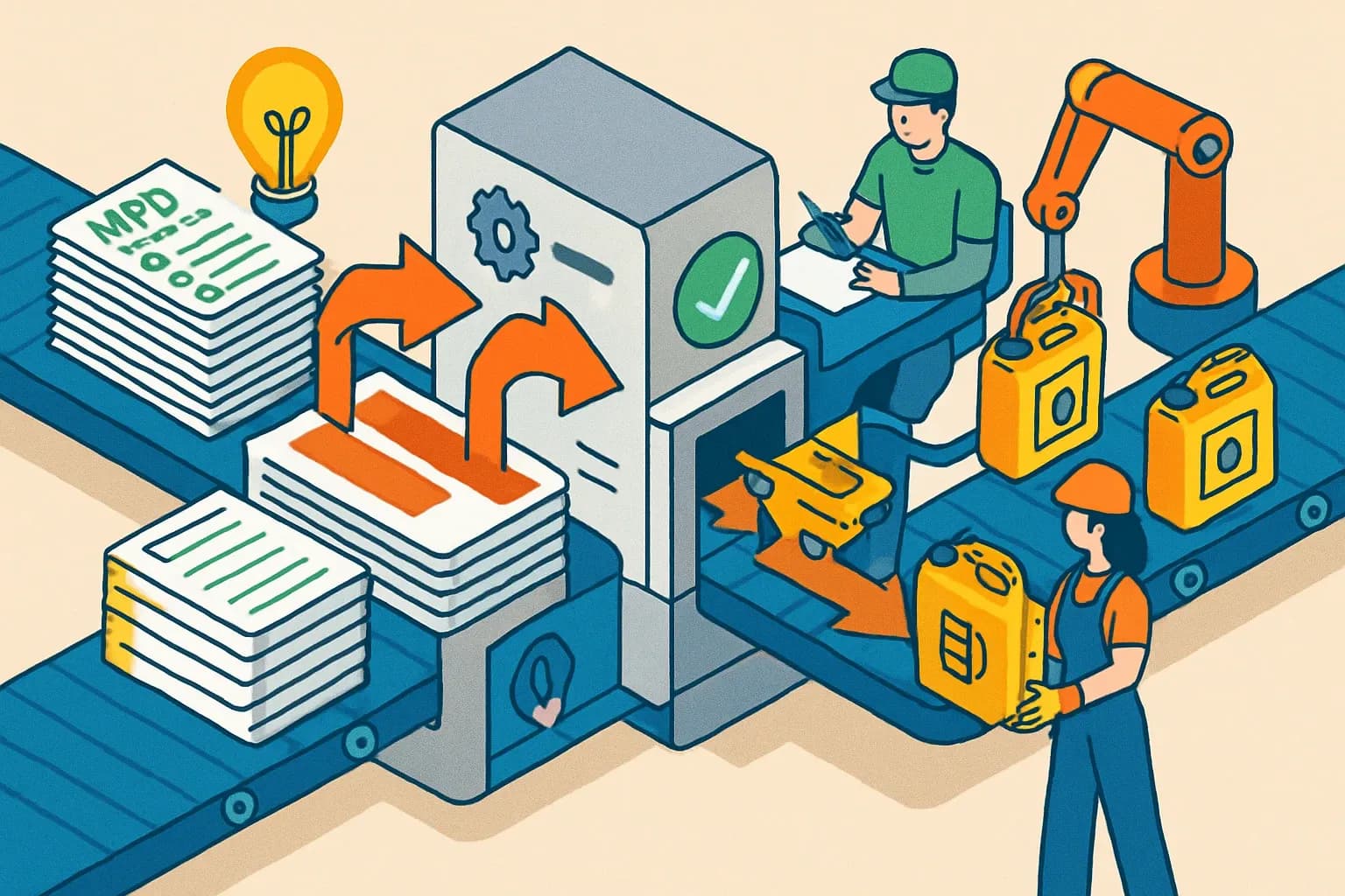 Generate an illustration for an article following this concept:

Turn HPDs into EPD fuel, fast
If product teams have already built HPDs or supplied dossiers to labeling programs, they are sitting on a goldmine of formulation data. The trick is knowing what carries over to an LCA and what must be refreshed so a third‑party verifier signs off without rework. Treat those records like a structured dataset, not a PDF pile, and EPD schedules start to move like a well‑oiled assembly line.

Ensure that you use no text, as this illustration will be used on international translations of the article..

Use an illustrative style (e.g. isometic) and don't generate in a photorealistic style.