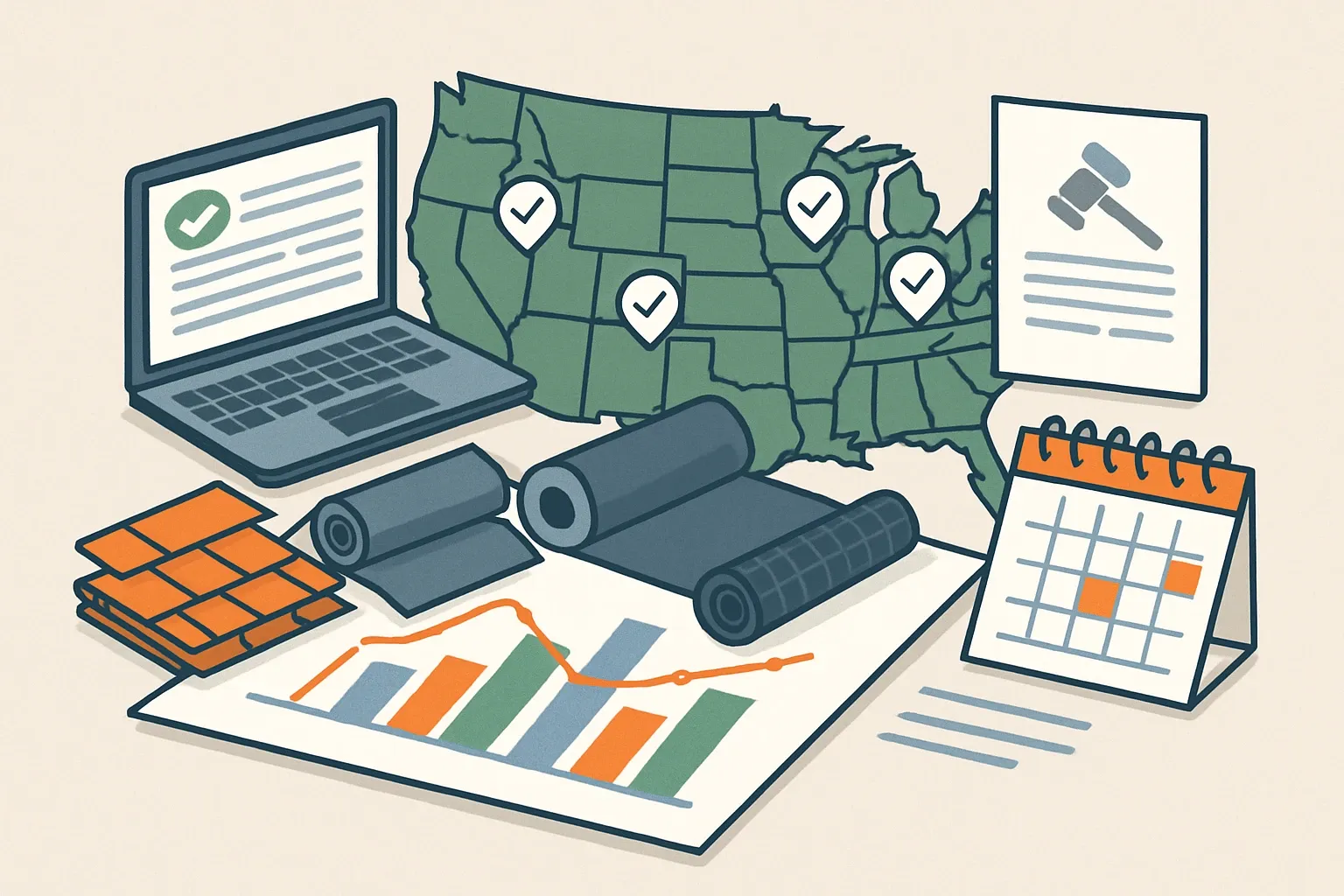 Generate an illustration for an article following this concept:

EPDs for Bituminous Roofing in the United States
Here is the 2026, data-backed landscape for U.S. bituminous roofing EPDs. If you make asphalt shingles, built-up roofing, or modified bitumen membranes, this guide shows who is publishing, which rules they use, and where renewals will cluster so you can plan timing and win specs without guesswork.

Ensure that you use no text, as this illustration will be used on international translations of the article..

Use an illustrative style (e.g. isometic) and don't generate in a photorealistic style.