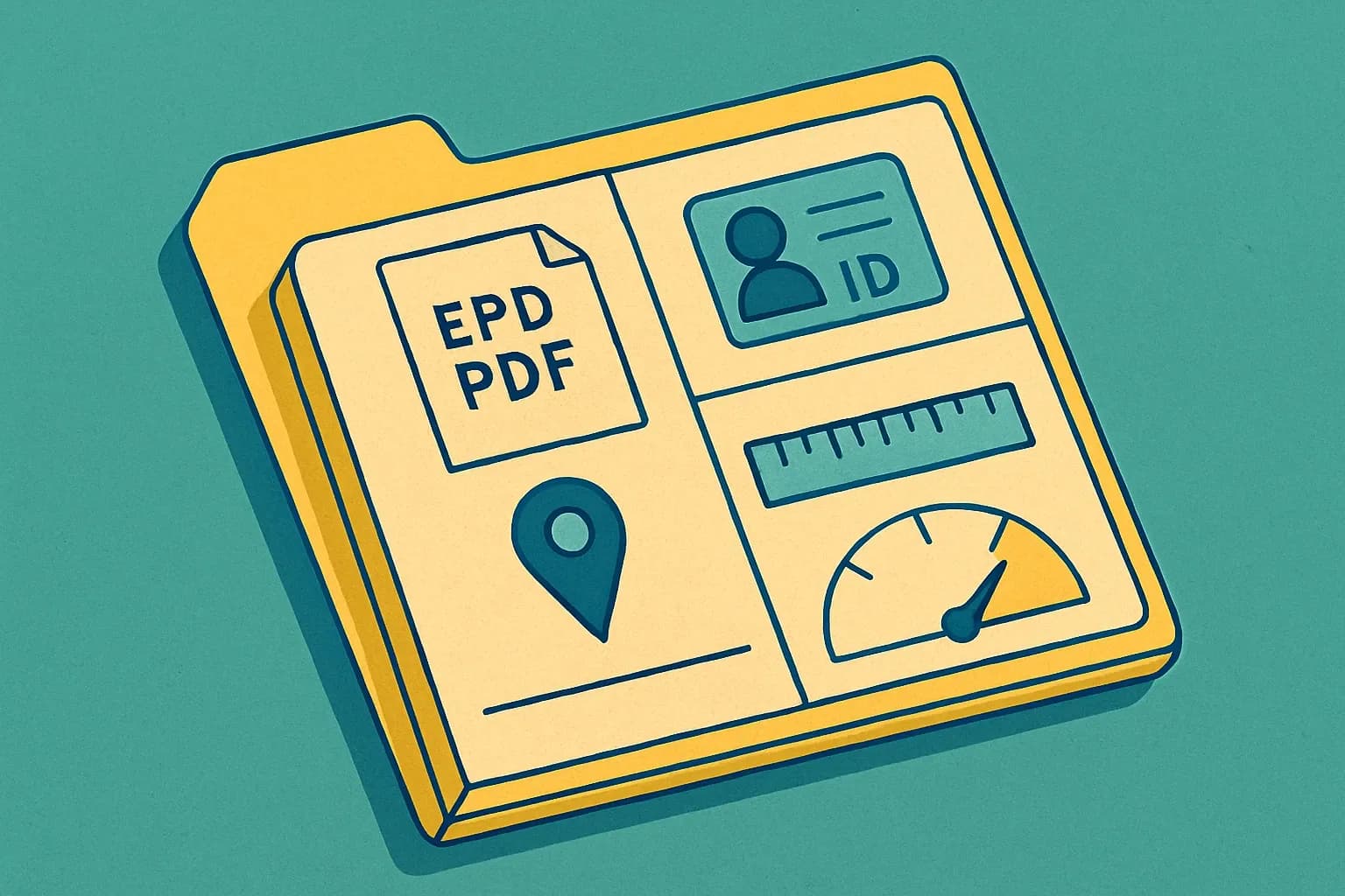 A clean, labeled folder split into segments showing EPD PDF, PCR ID, plant location pin, declared unit ruler, and a GWP gauge needle below a limit line.