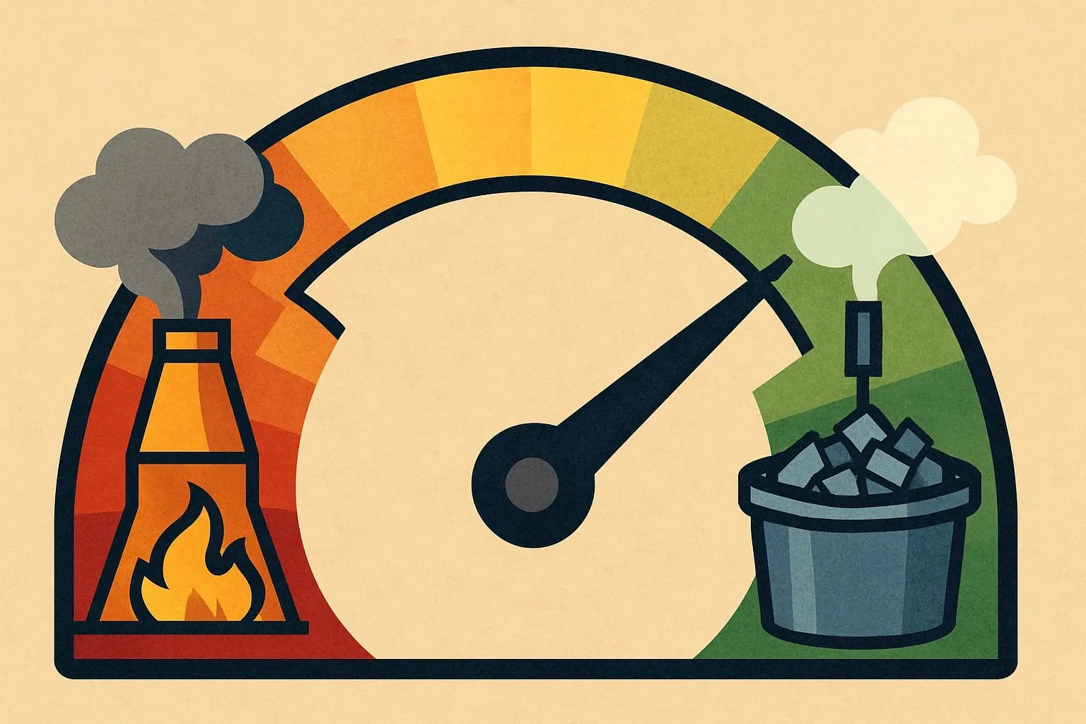 An analog gauge where the needle swings from high emissions on a blast-furnace icon to low emissions on an EAF icon filled with scrap metal.