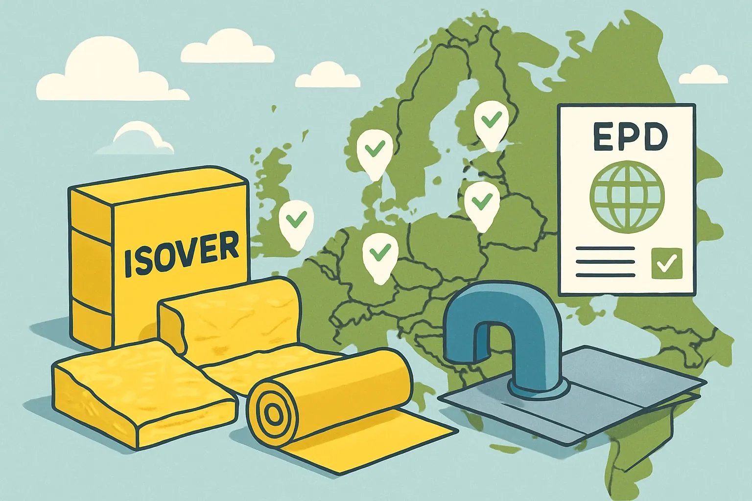 Generate an illustration for an article following this concept:

ISOVER: product map and EPD coverage
ISOVER, Saint‑Gobain’s insulation brand, sells glass and mineral wool for buildings and HVAC, plus membranes and duct systems. For teams chasing specs, their portfolio already carries broad, product‑specific EPD coverage across Europe and growing libraries in the UK and other markets. Where a local SKU lacks a current EPD, projects on LEED v5 paths tend to swap to a comparable product with a live declaration, which can quietly shift share in bids that prize documentation.

Ensure that you use no text, as this illustration will be used on international translations of the article..

Use an illustrative style (e.g. isometic) and don't generate in a photorealistic style.